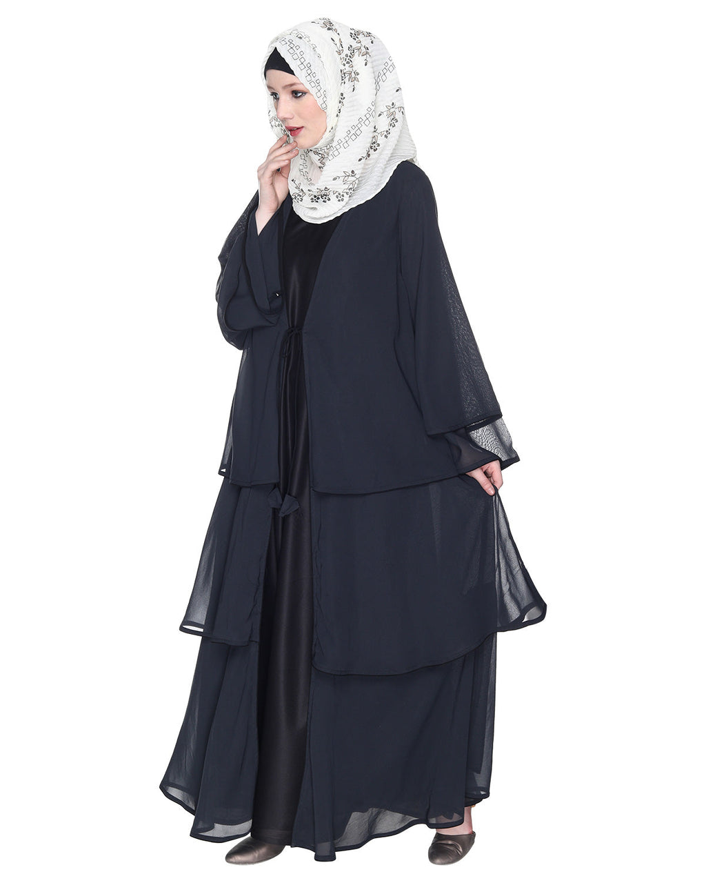 Multi Layer Shrug Style Georgette Abaya Dark Grey