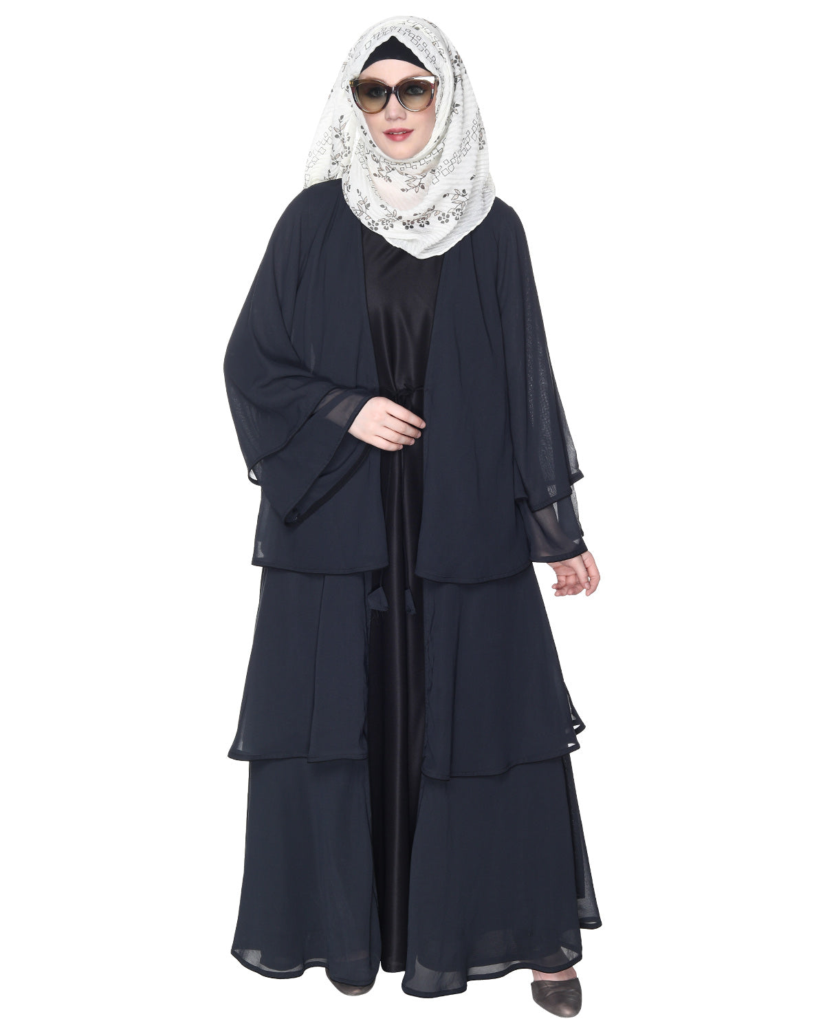 Multi Layer Shrug Style Georgette Abaya Dark Grey