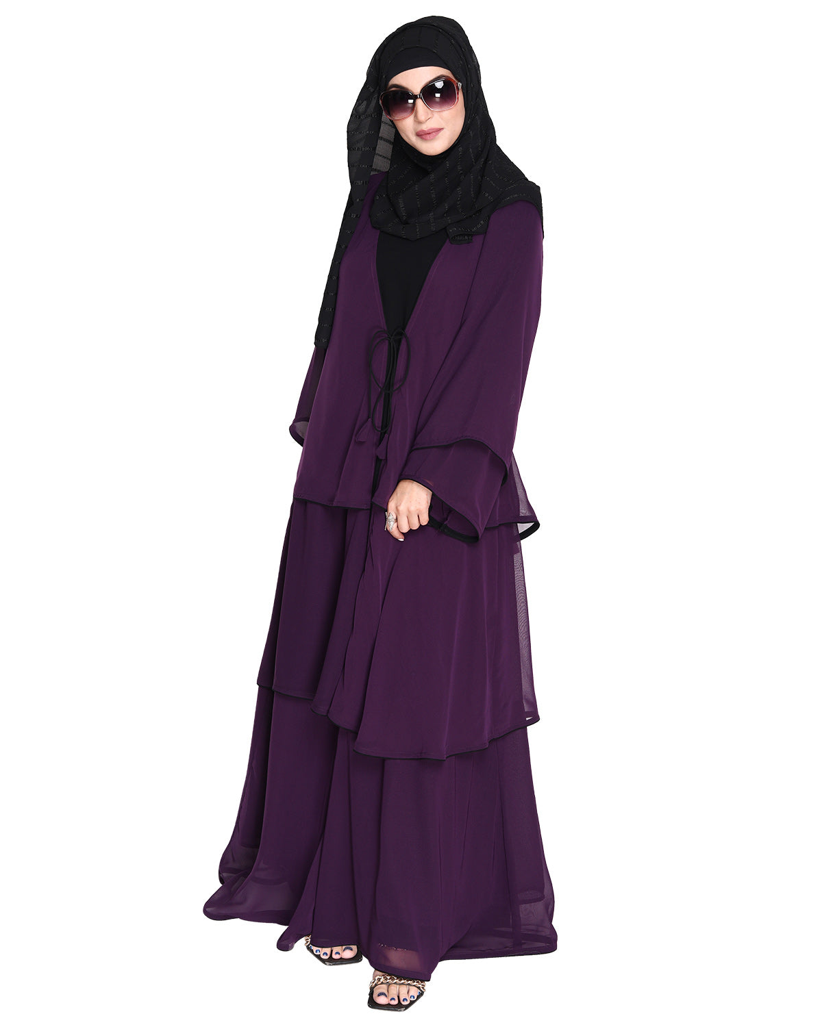 Multi Layer Shrug Style Georgette Abaya Purple