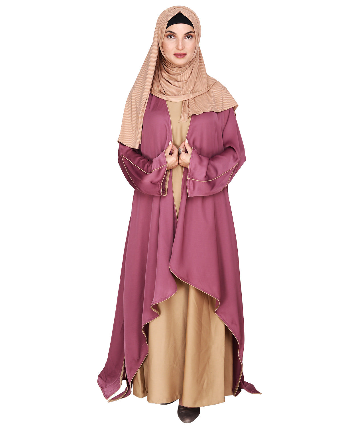 Stylish Shrug and Plain Beige Abaya Set Dark Grey