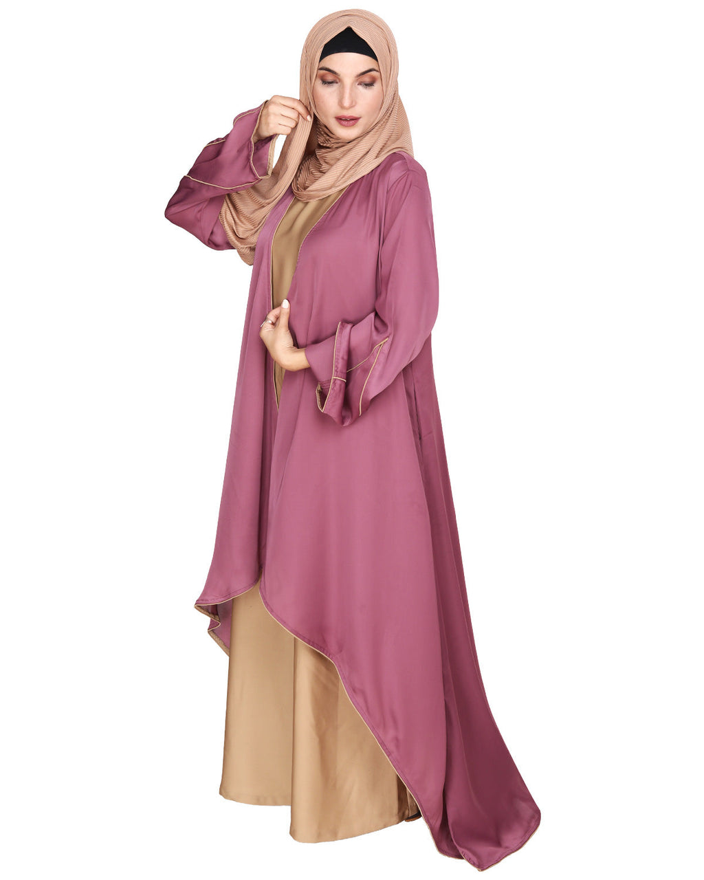 Stylish Shrug and Plain Beige Abaya Set Dark Grey