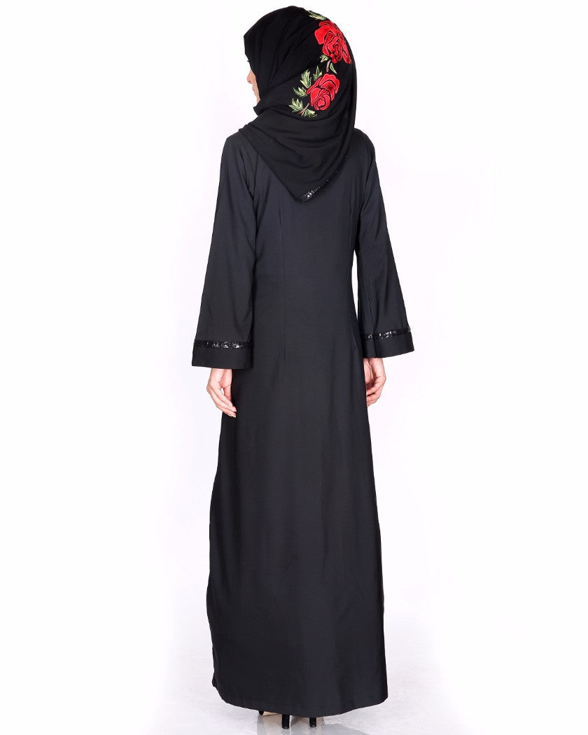 Elegant Silk-thread Rose Embroidered Abaya Black