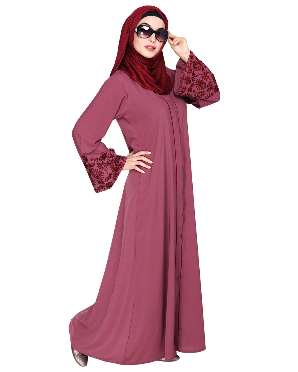 Abaya With Thread Embroidery Onion Pink