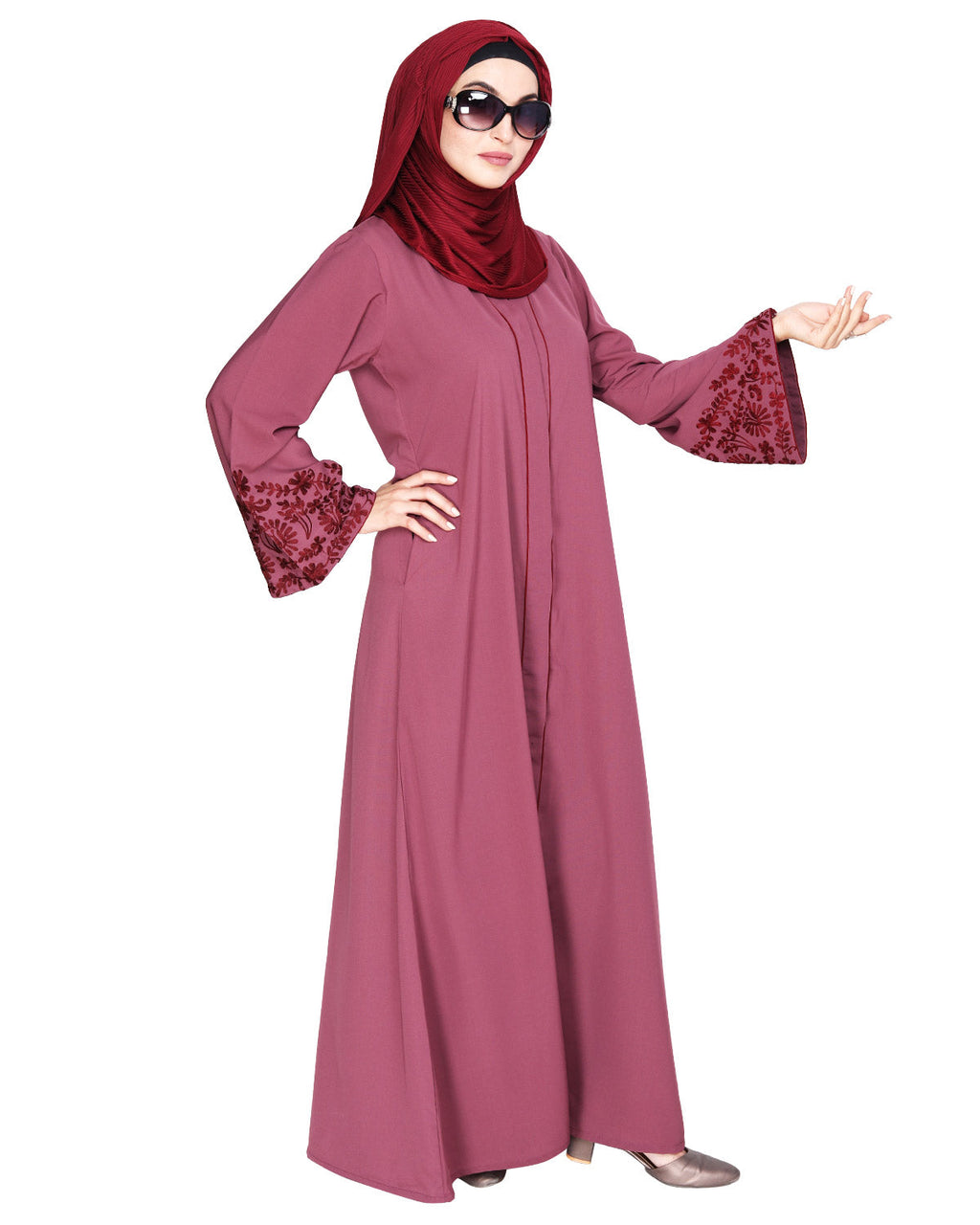Abaya With Thread Embroidery Onion Pink