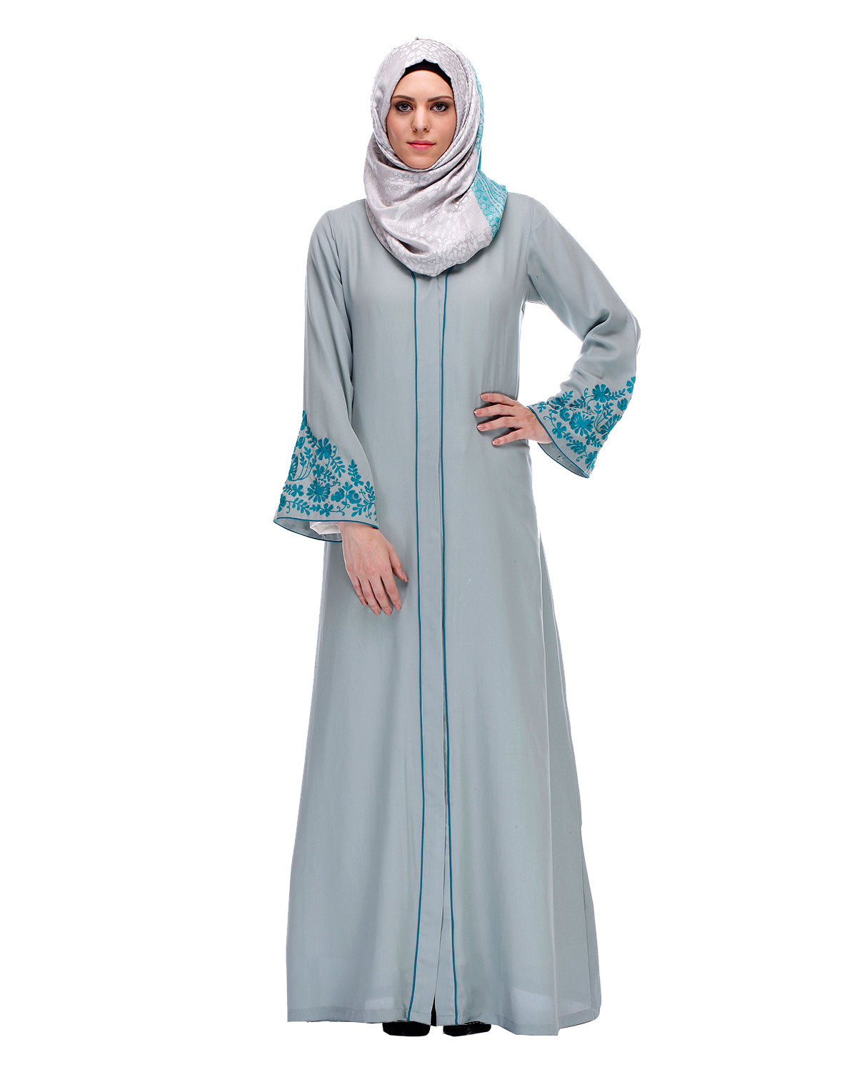 Abaya With Thread Embroidery Sage Green