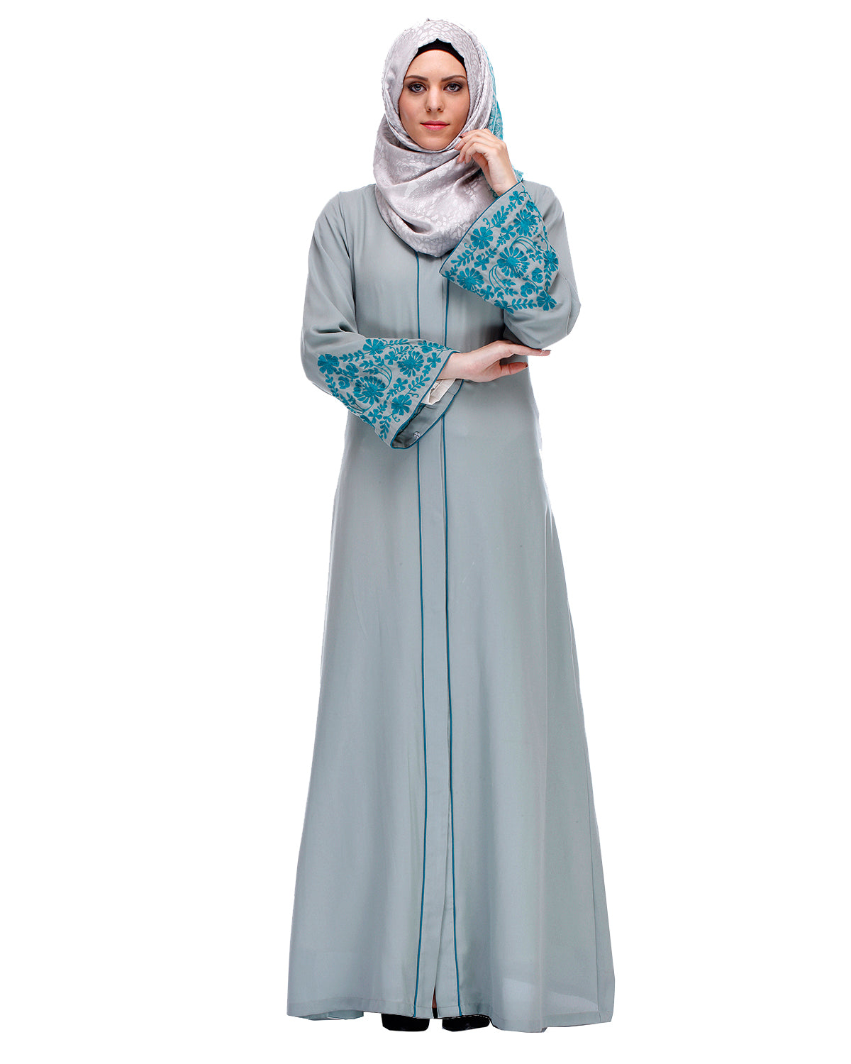 Abaya With Thread Embroidery Sage Green