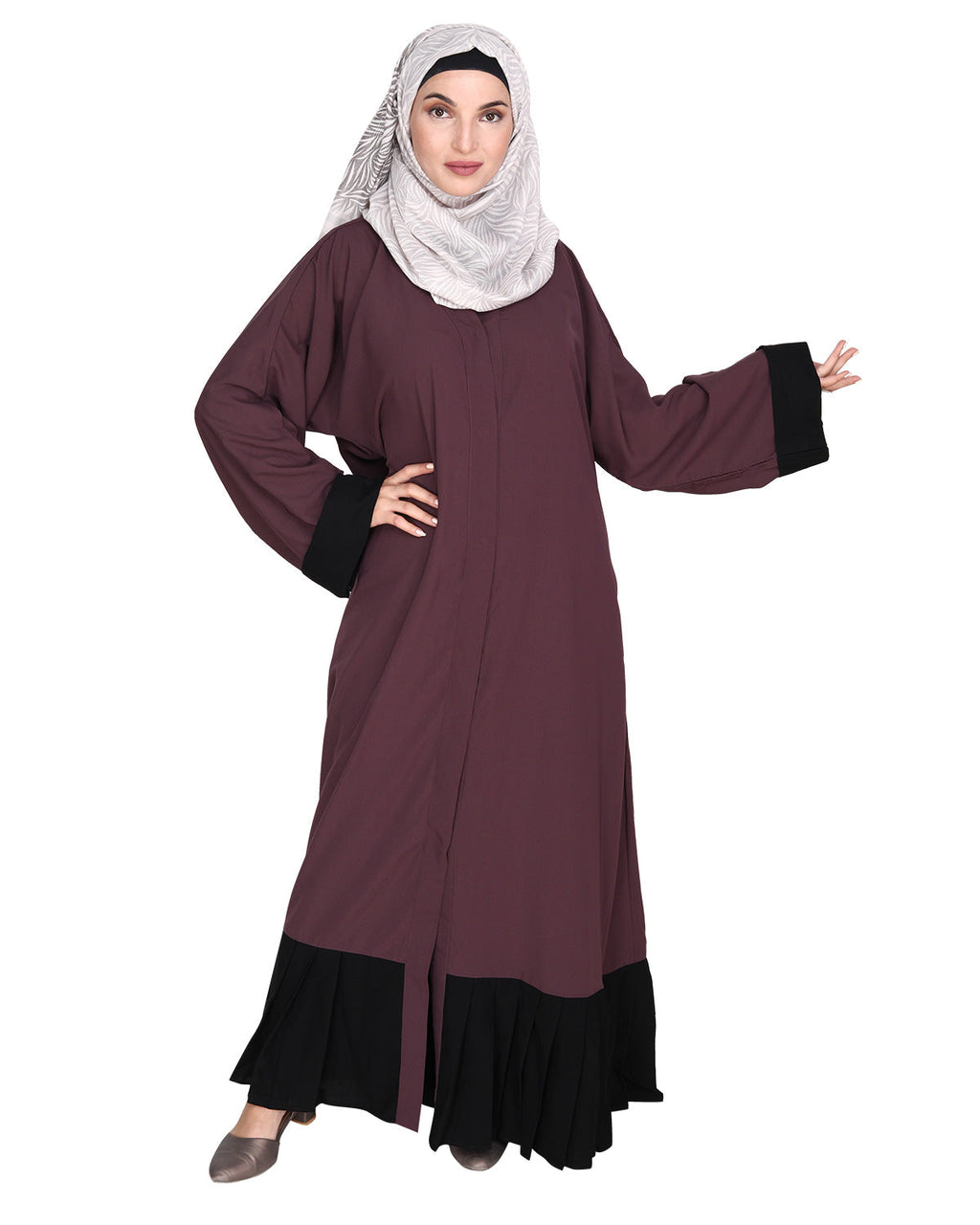 Imperial Purple and Black Pleated Bliss Dubai Style Abaya Imperial Purple & Black