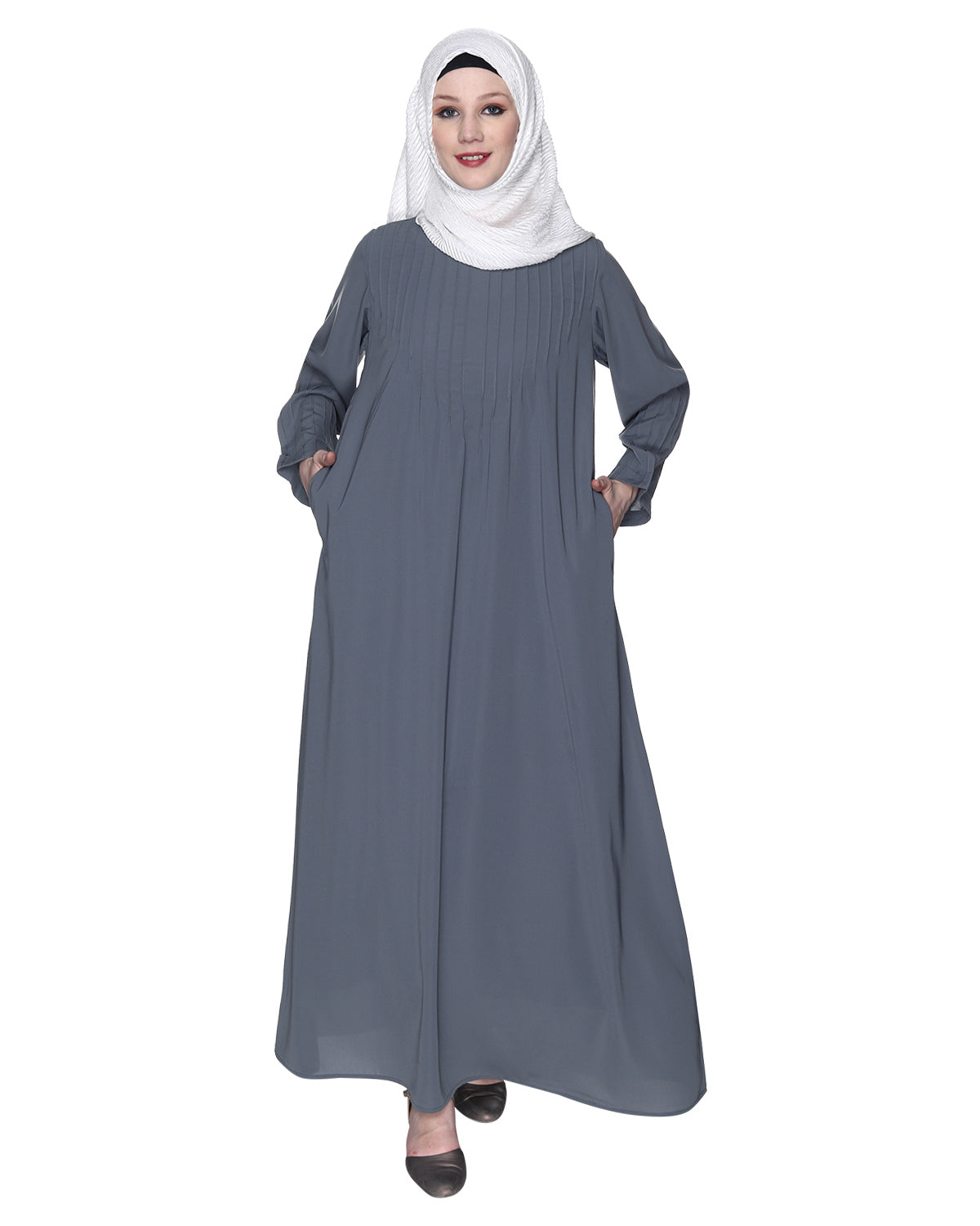 Sleek And Simple Abaya With Pintuck Detailing Grey