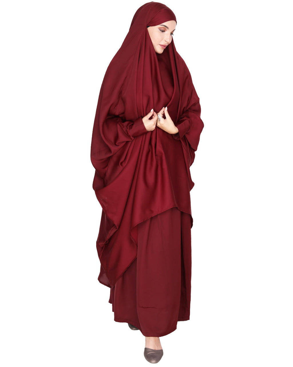 Luxurious Designer Khimar and Skirt Jilbab Set Maroon