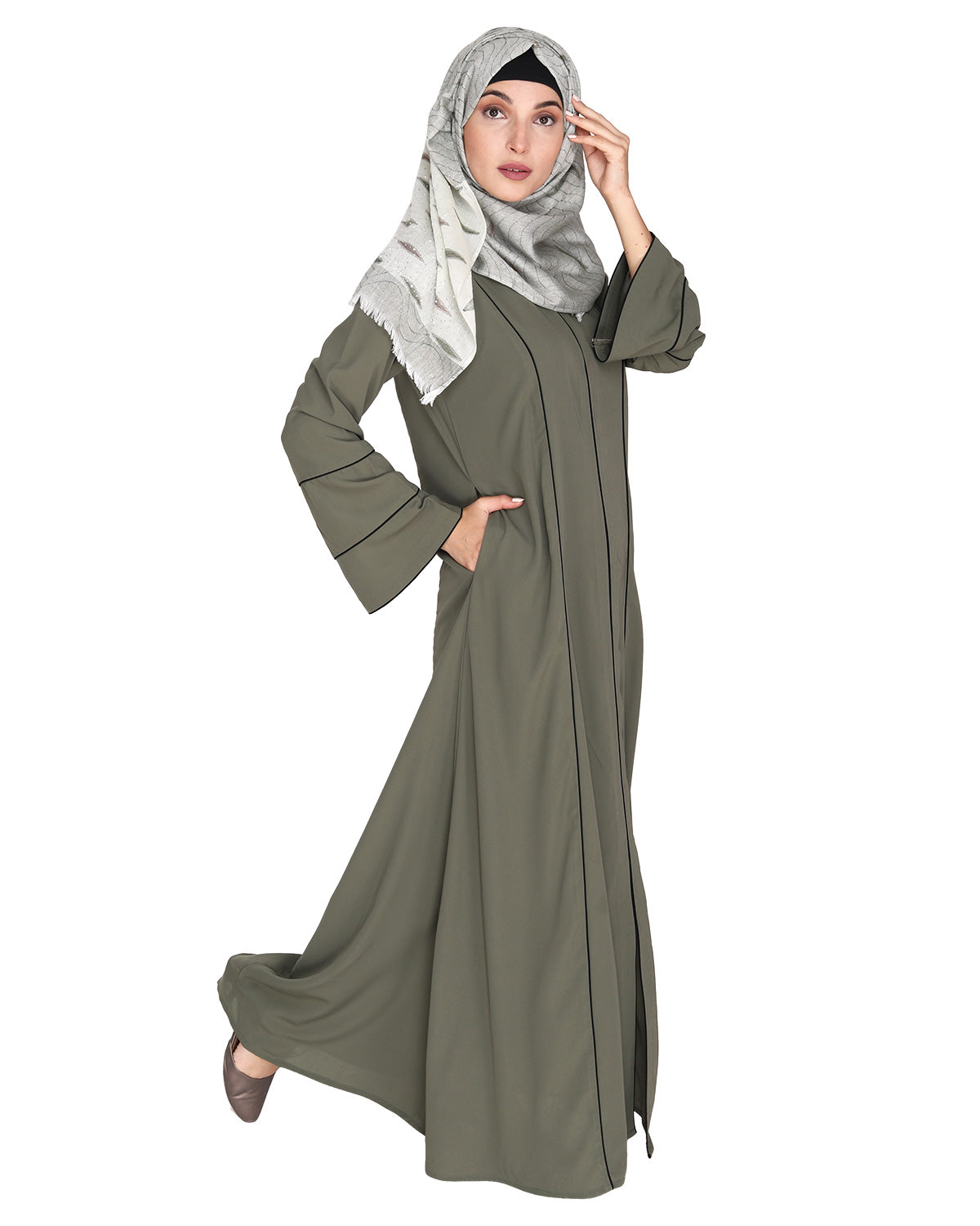 Snazzy Abaya with Sage Green Piping Design Maroon