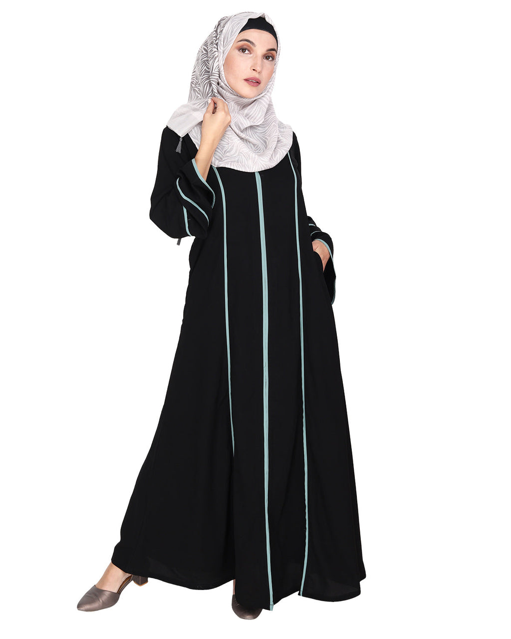 Snazzy Abaya with Sage Green Piping Design Dead Mint