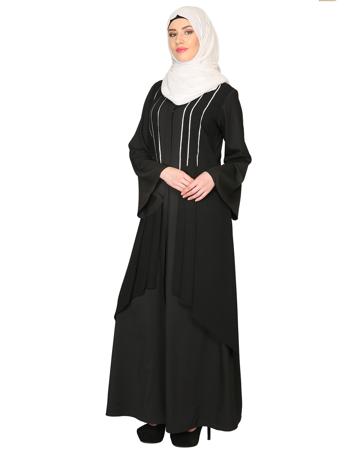Double Layerd With Crystal Embellished Yoke Abaya Black