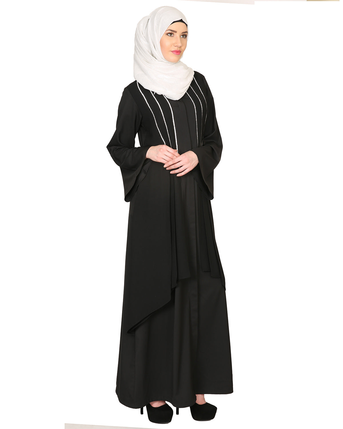 Double Layerd With Crystal Embellished Yoke Abaya Black