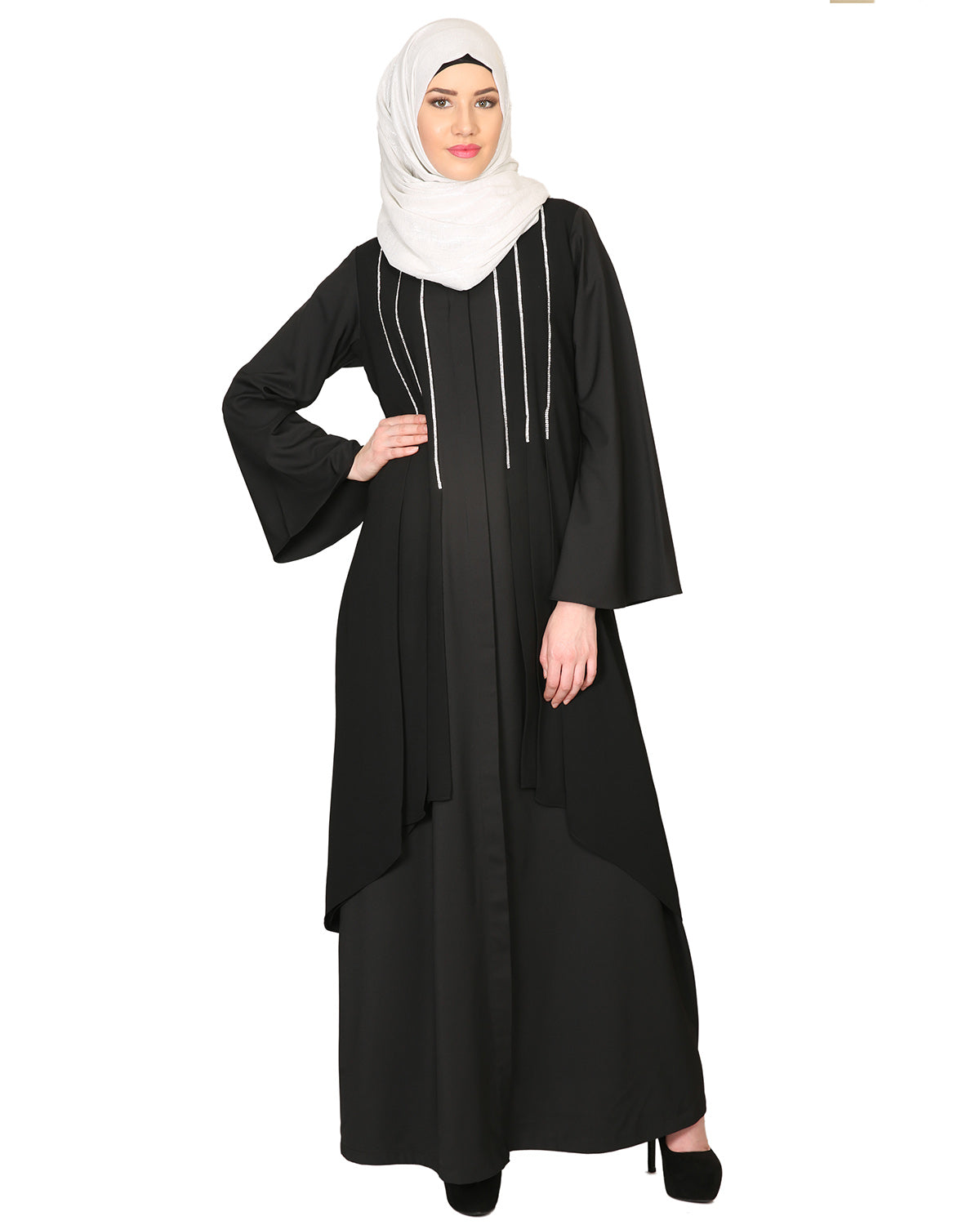 Double Layerd With Crystal Embellished Yoke Abaya Black