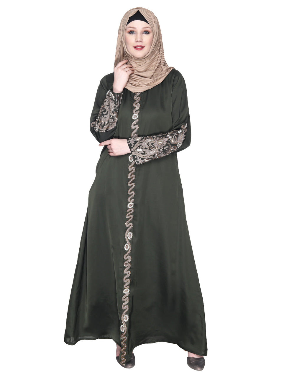 Opulent Hand Embroidered Luxury Abaya Olive