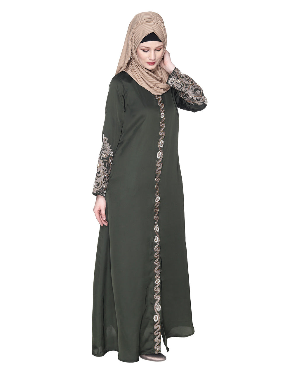 Opulent Hand Embroidered Luxury Abaya Olive