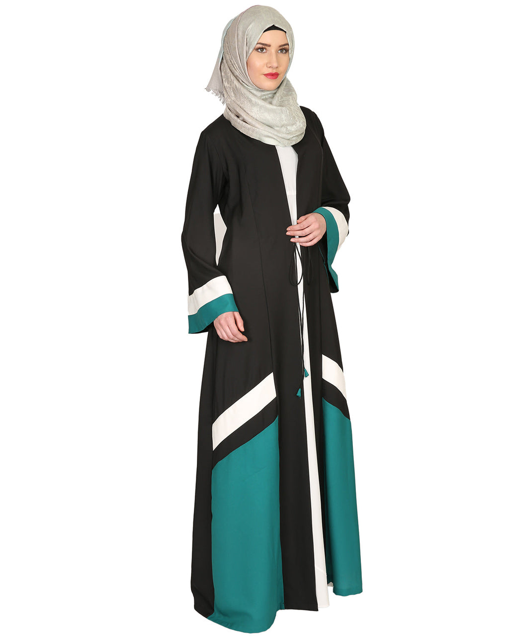 Black Green & White Open Abaya Black