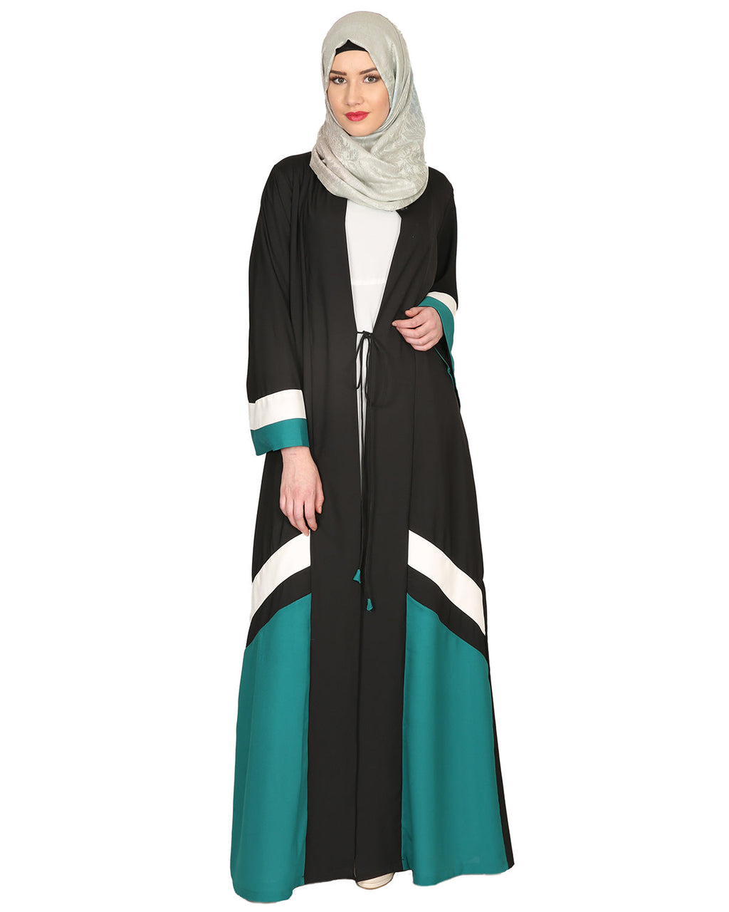 Black Green & White Open Abaya Black