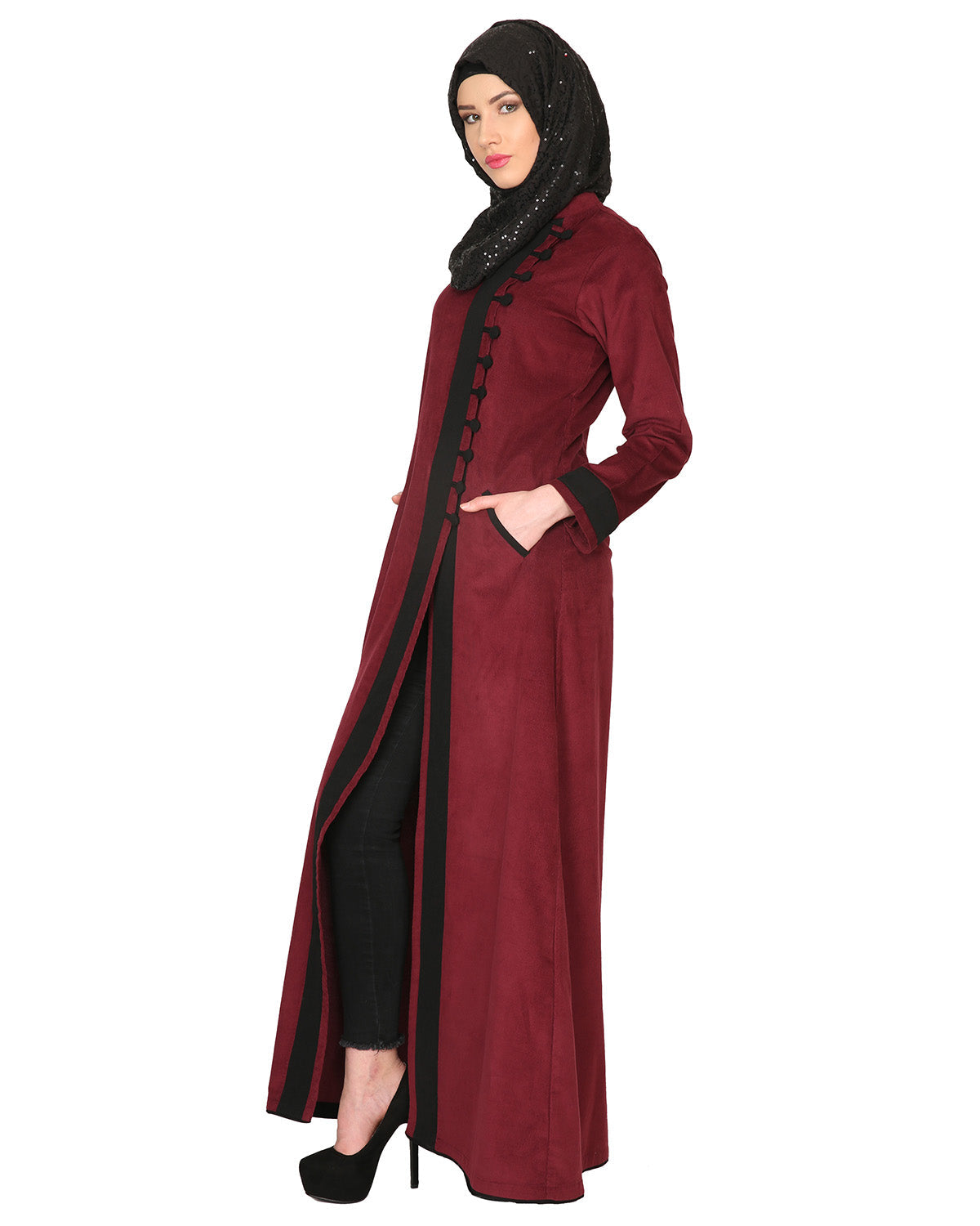 Maroon Regal Abaya With Gold Embroidery Maroon