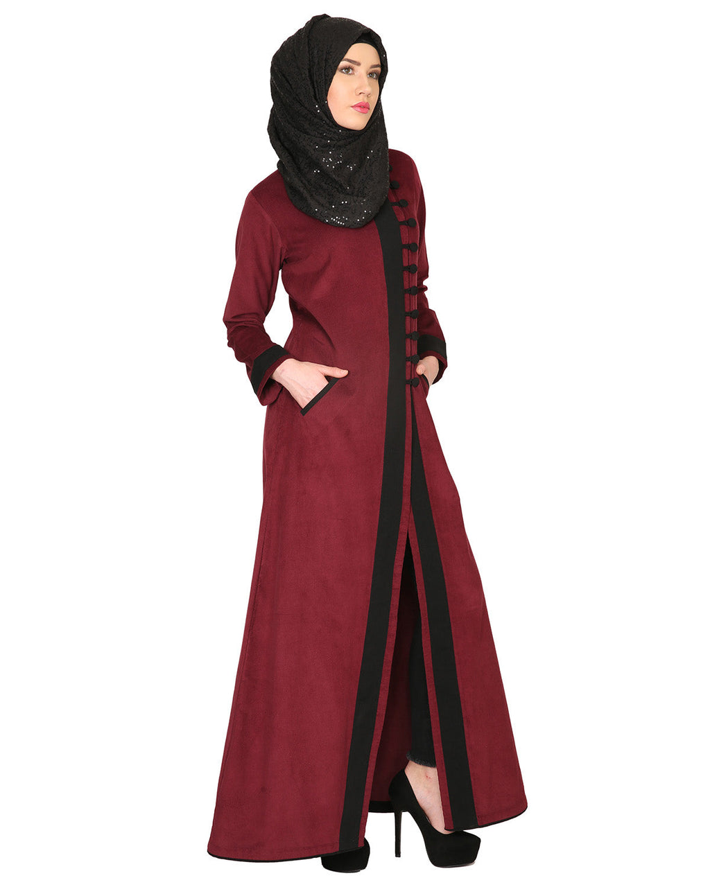 Maroon Regal Abaya With Gold Embroidery Maroon