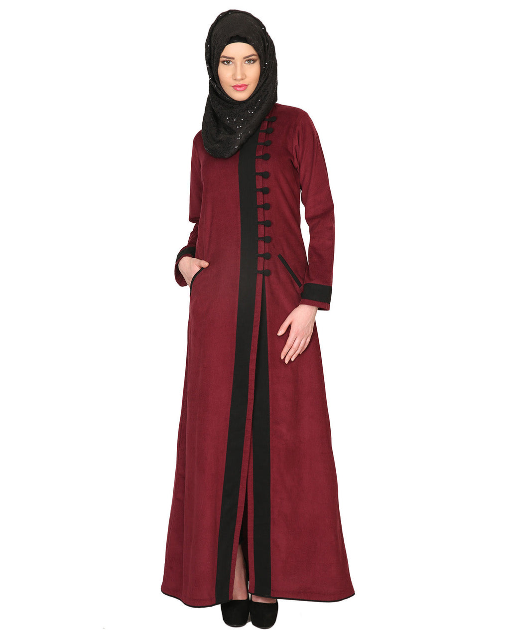 Maroon Regal Abaya With Gold Embroidery Maroon