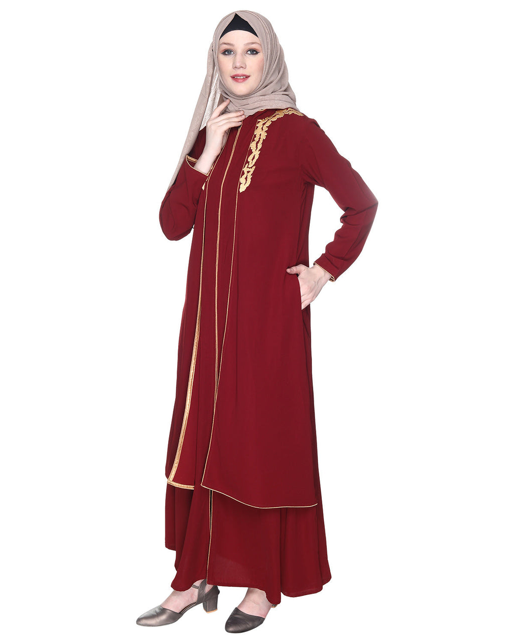 Maroon Regal Abaya With Gold Embroidery Maroon & Gold