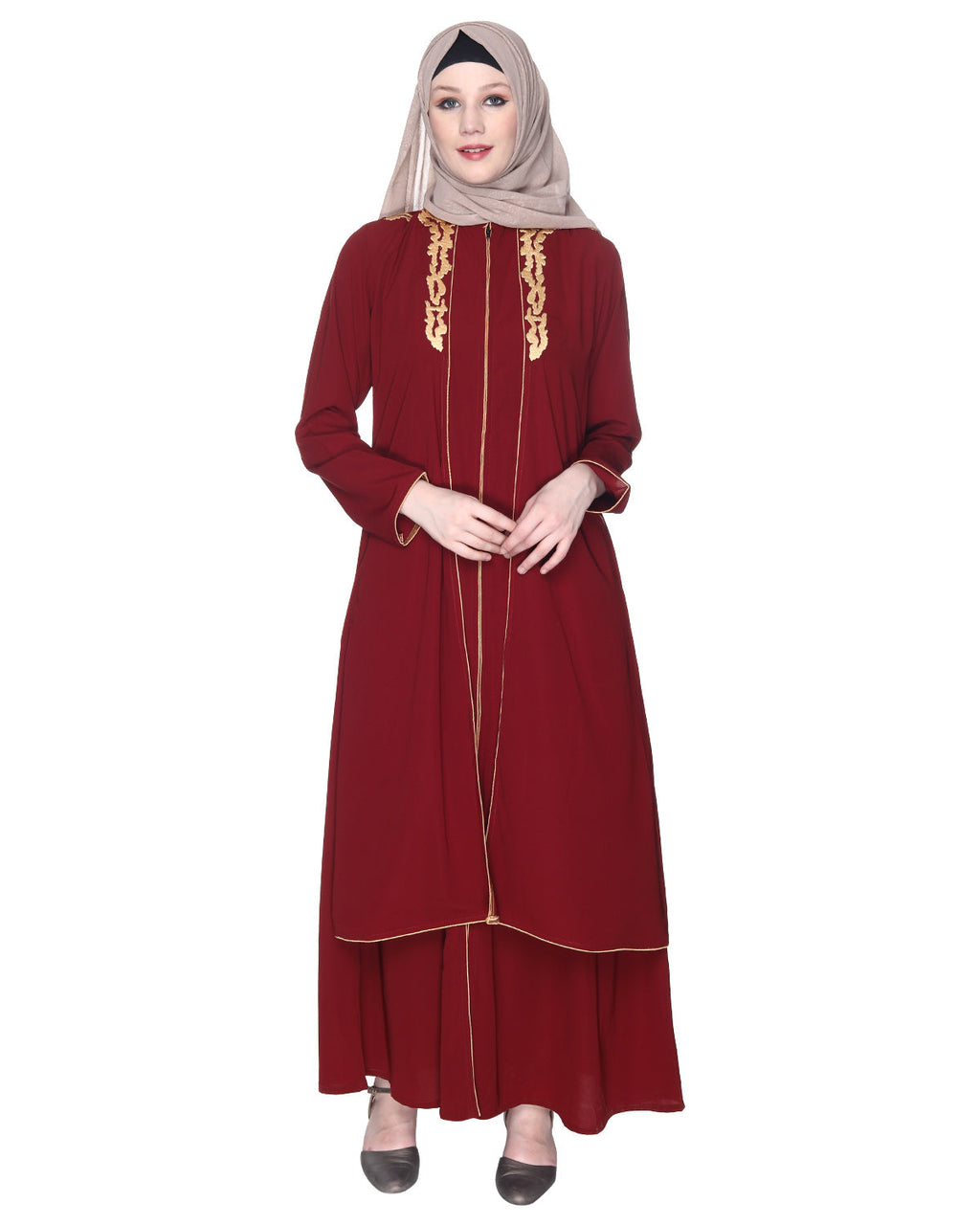 Maroon Regal Abaya With Gold Embroidery Maroon & Gold