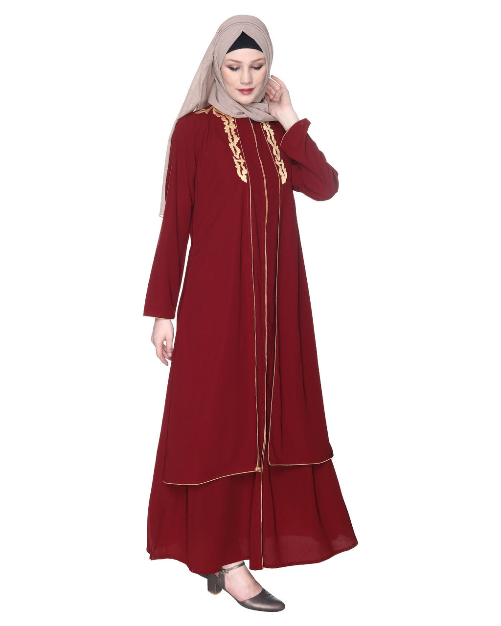 Maroon Regal Abaya With Gold Embroidery Maroon & Gold