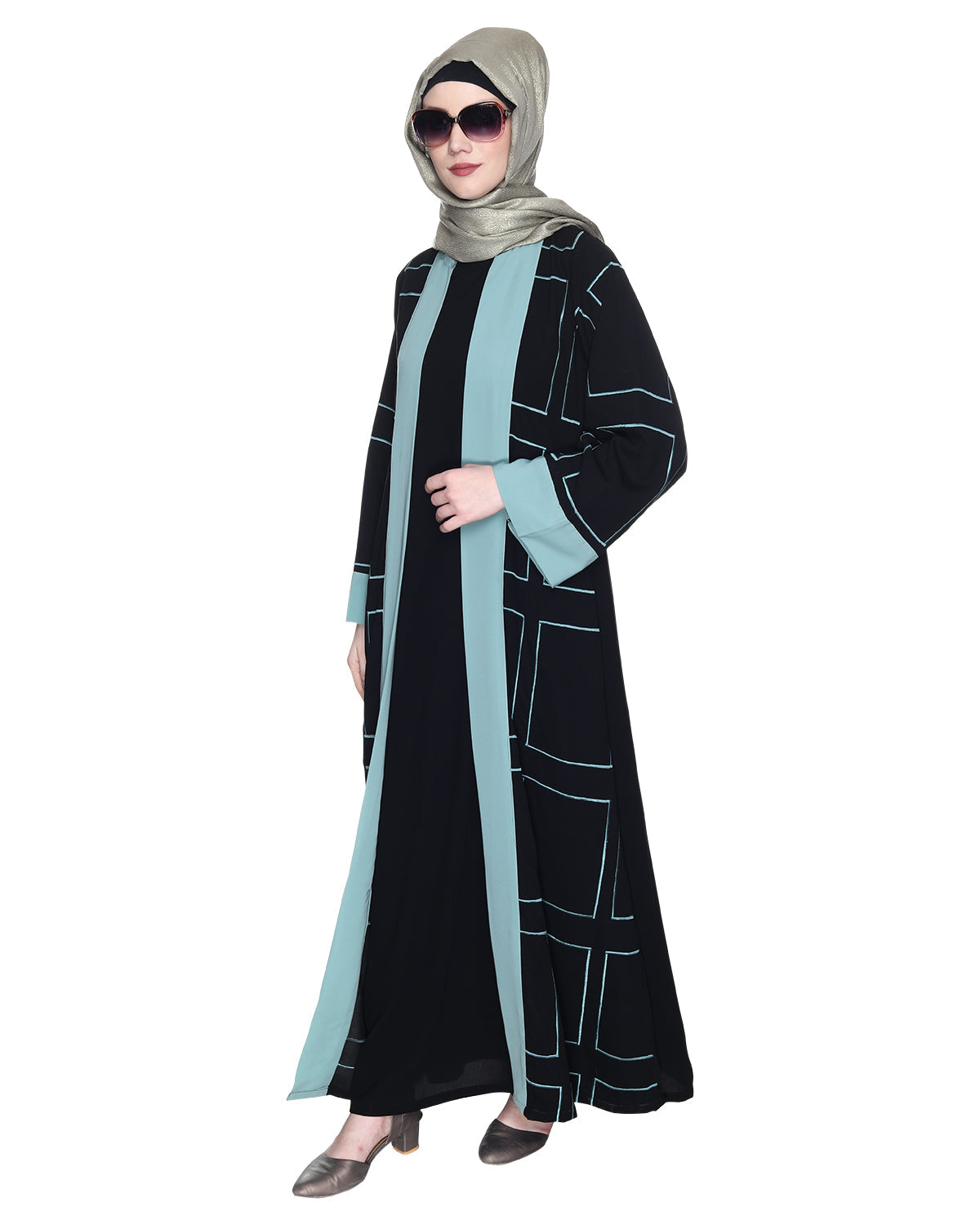Designer Shrug Style Closed Abaya Black & Sea Green