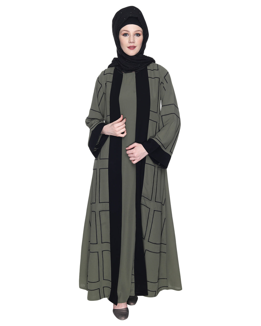 Designer Shrug Style Closed Abaya Dead Mint & Black