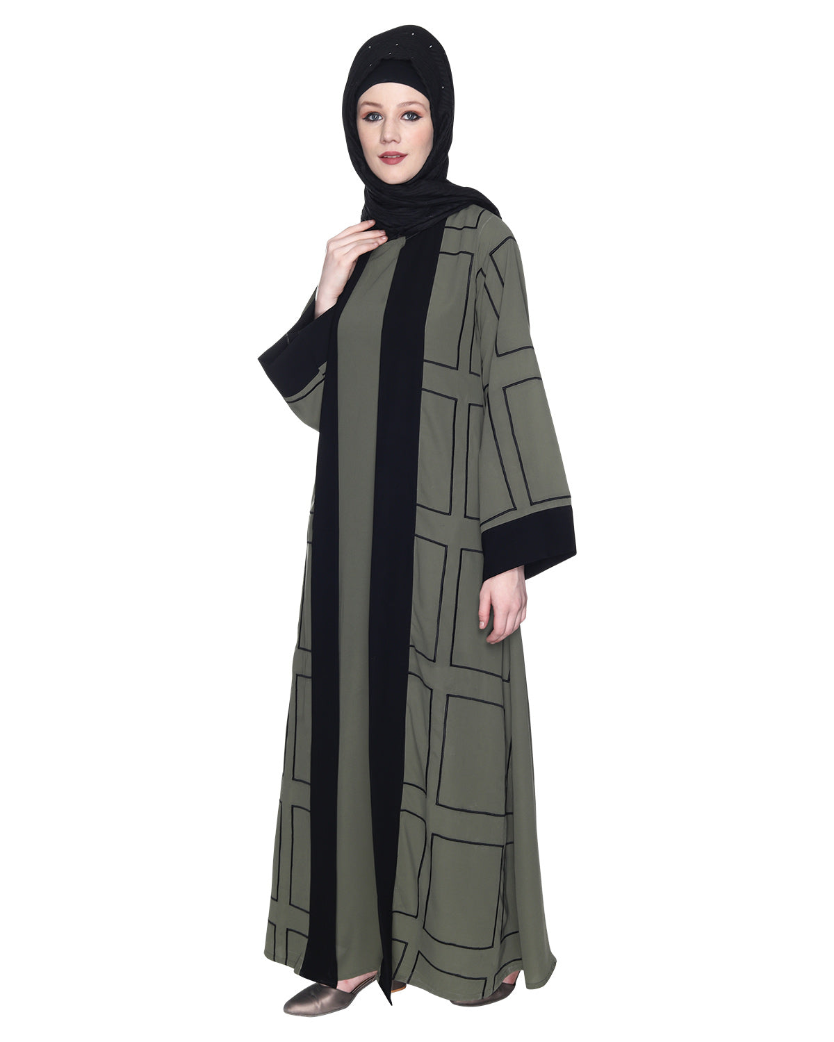 Designer Shrug Style Closed Abaya Dead Mint & Black