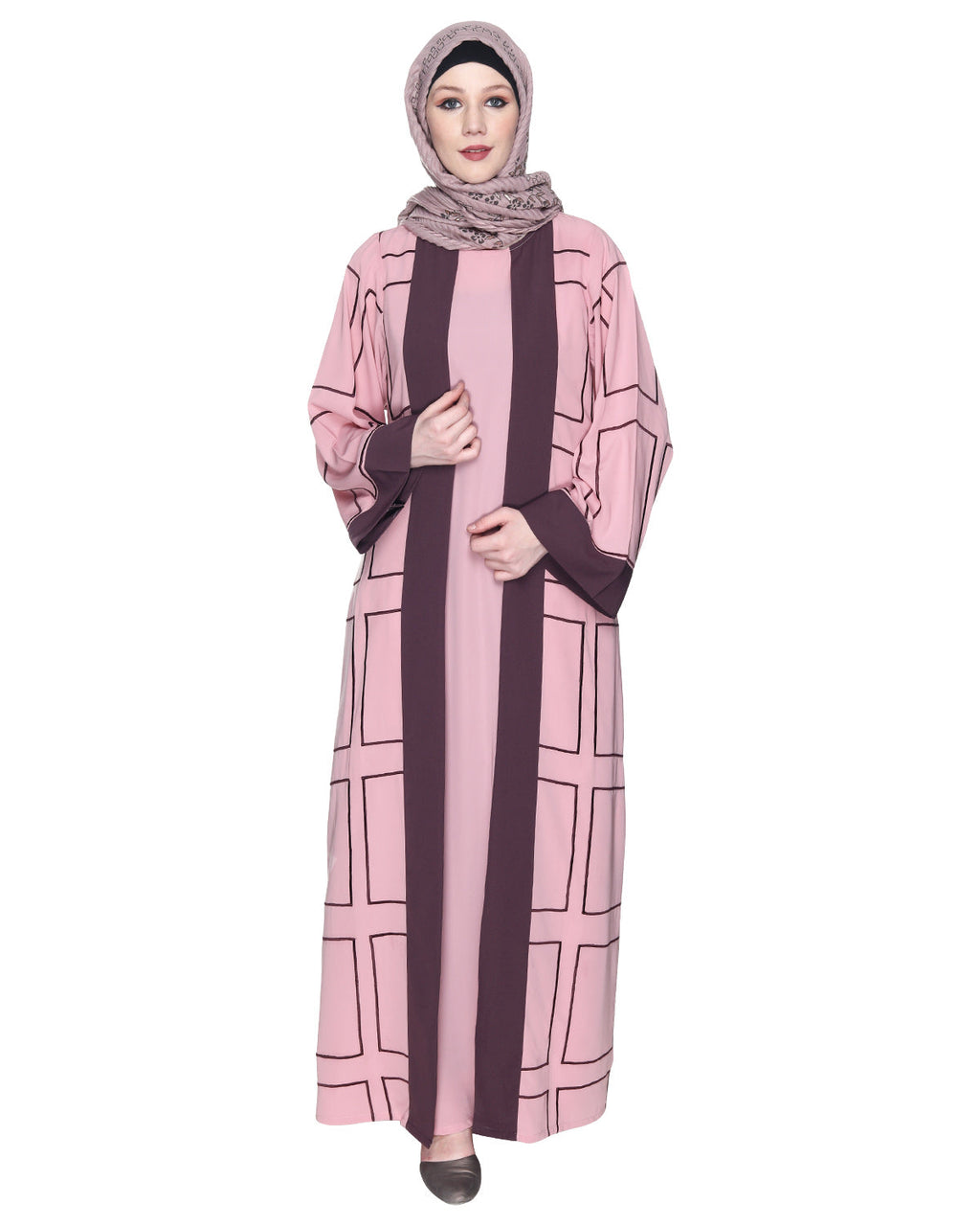 Designer Shrug Style Closed Abaya Pink & Brown