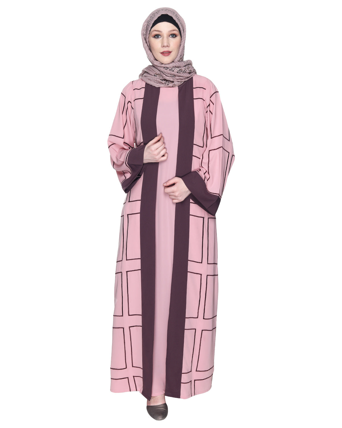 Designer Shrug Style Closed Abaya Pink & Brown