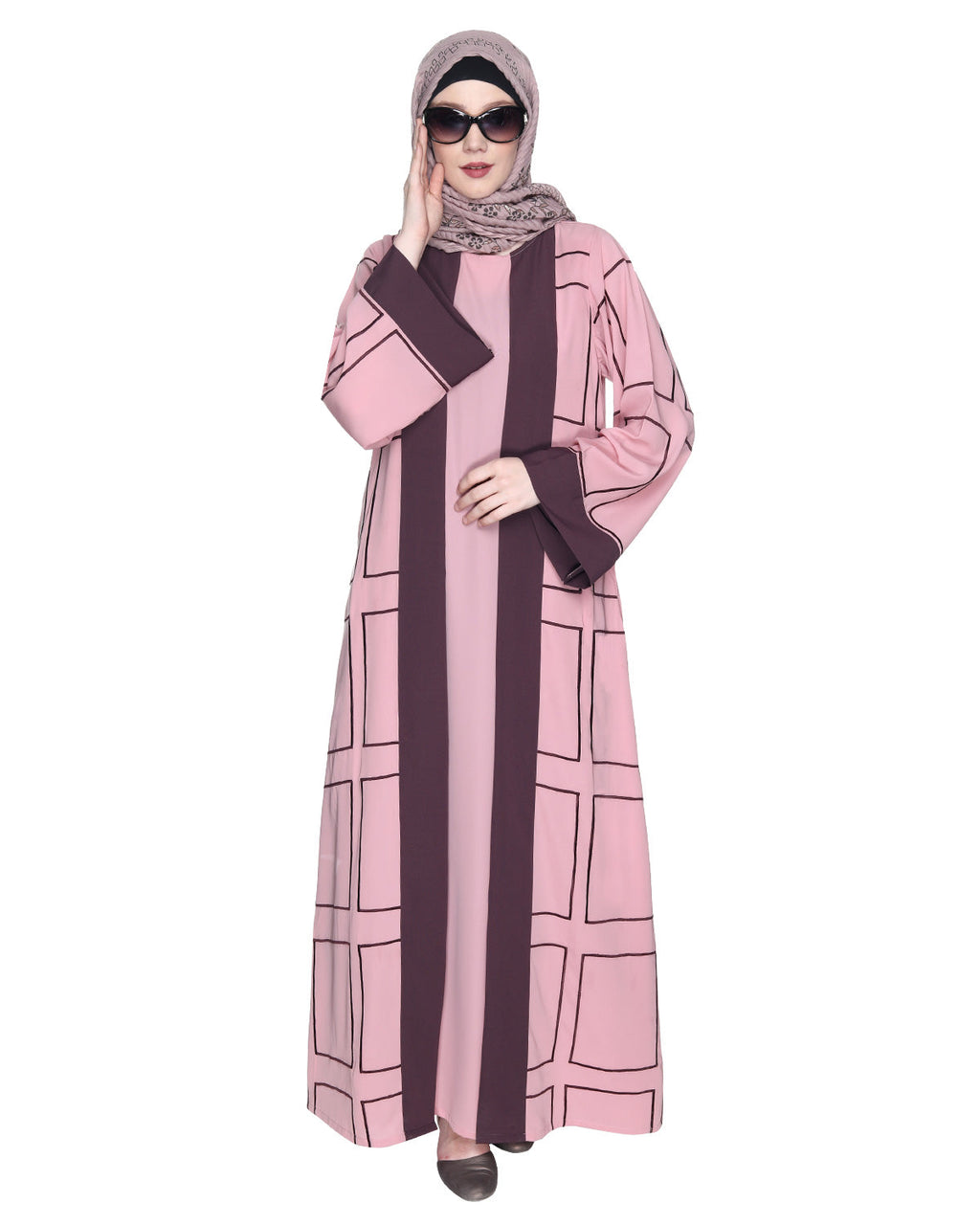 Designer Shrug Style Closed Abaya Pink & Brown