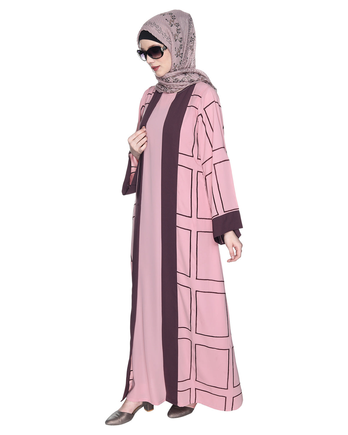 Designer Shrug Style Closed Abaya Pink & Brown