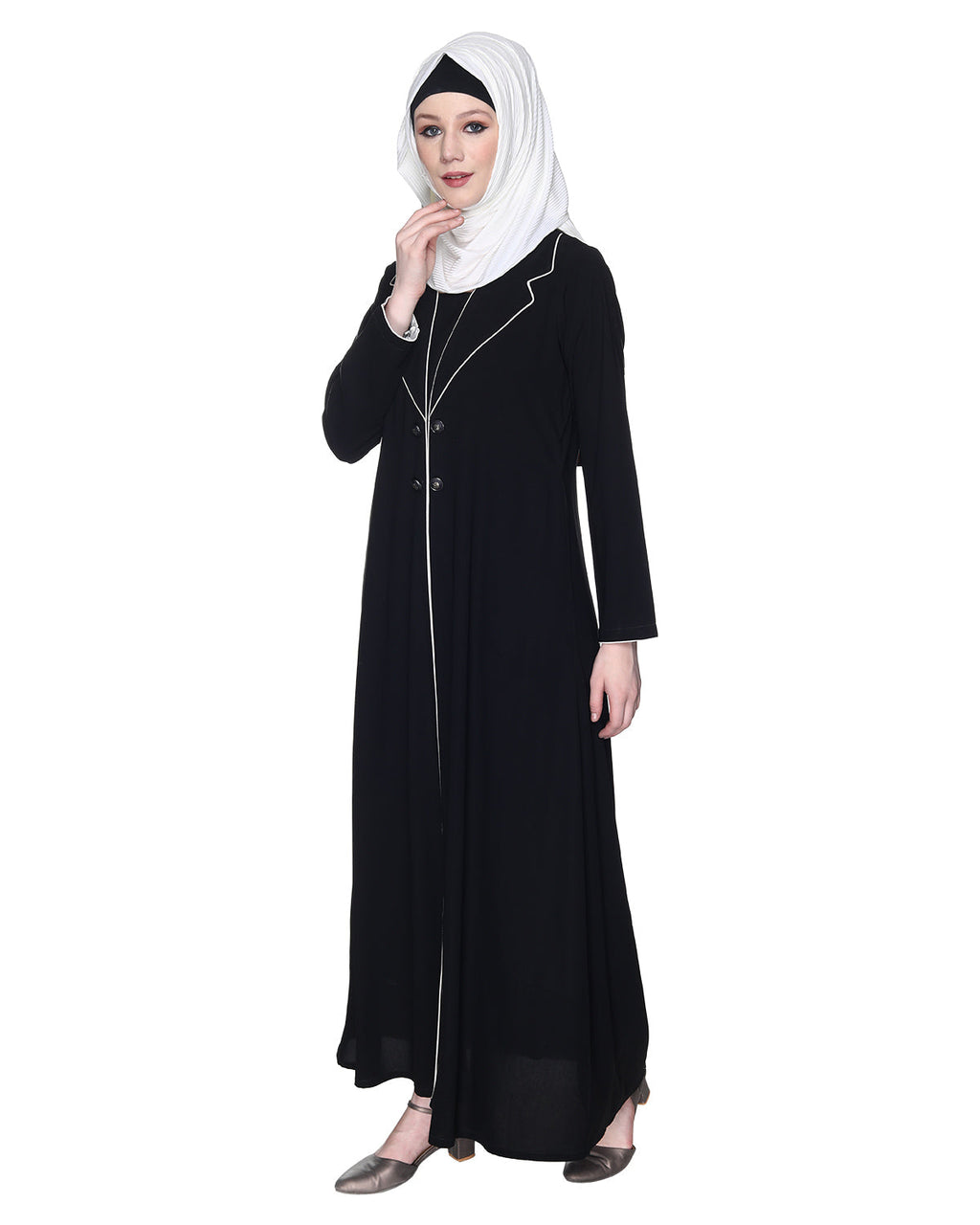 Stylish Coat Style Abaya With White Piping Black