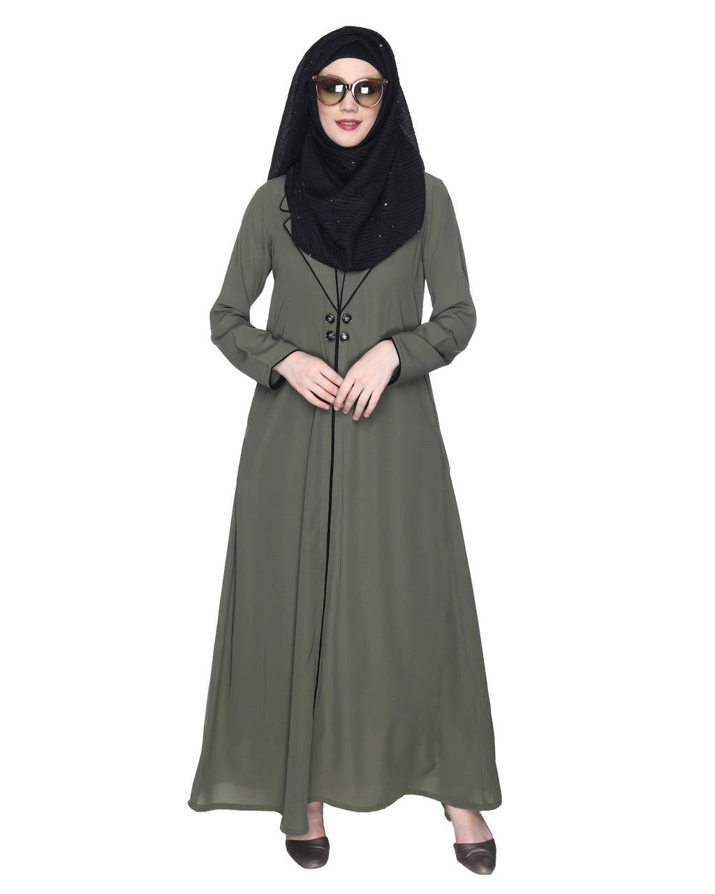 Stylish Coat Style Abaya With White Piping Brown