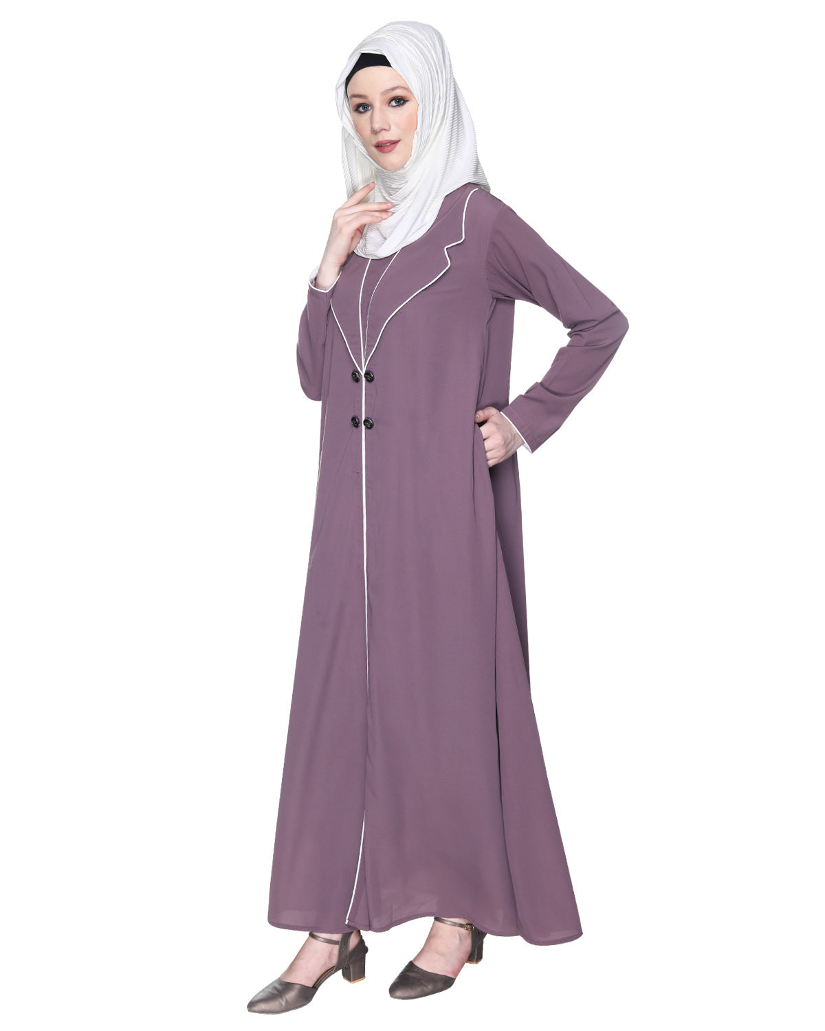 Stylish Coat Style Abaya With White Piping