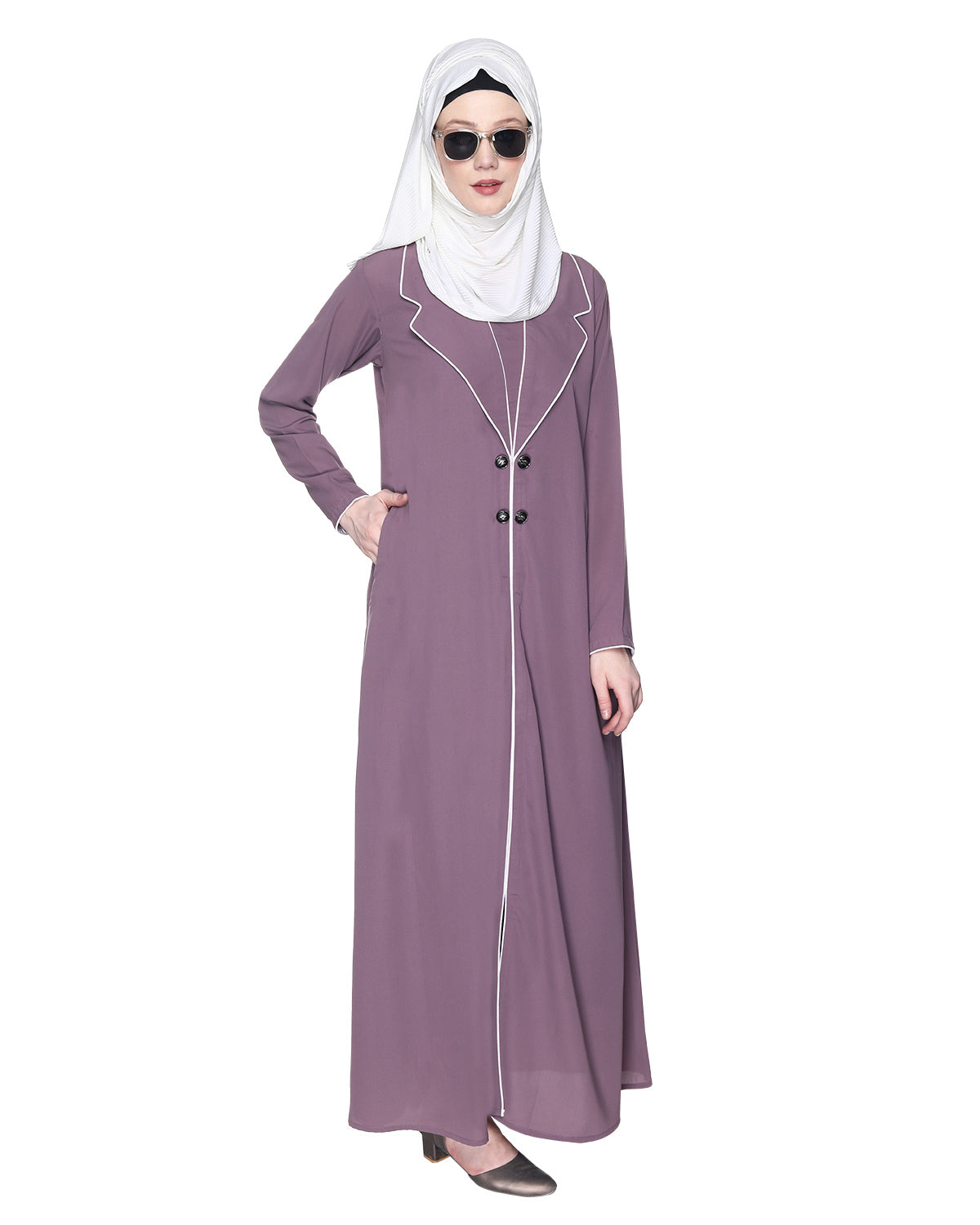 Stylish Coat Style Abaya With White Piping Purple
