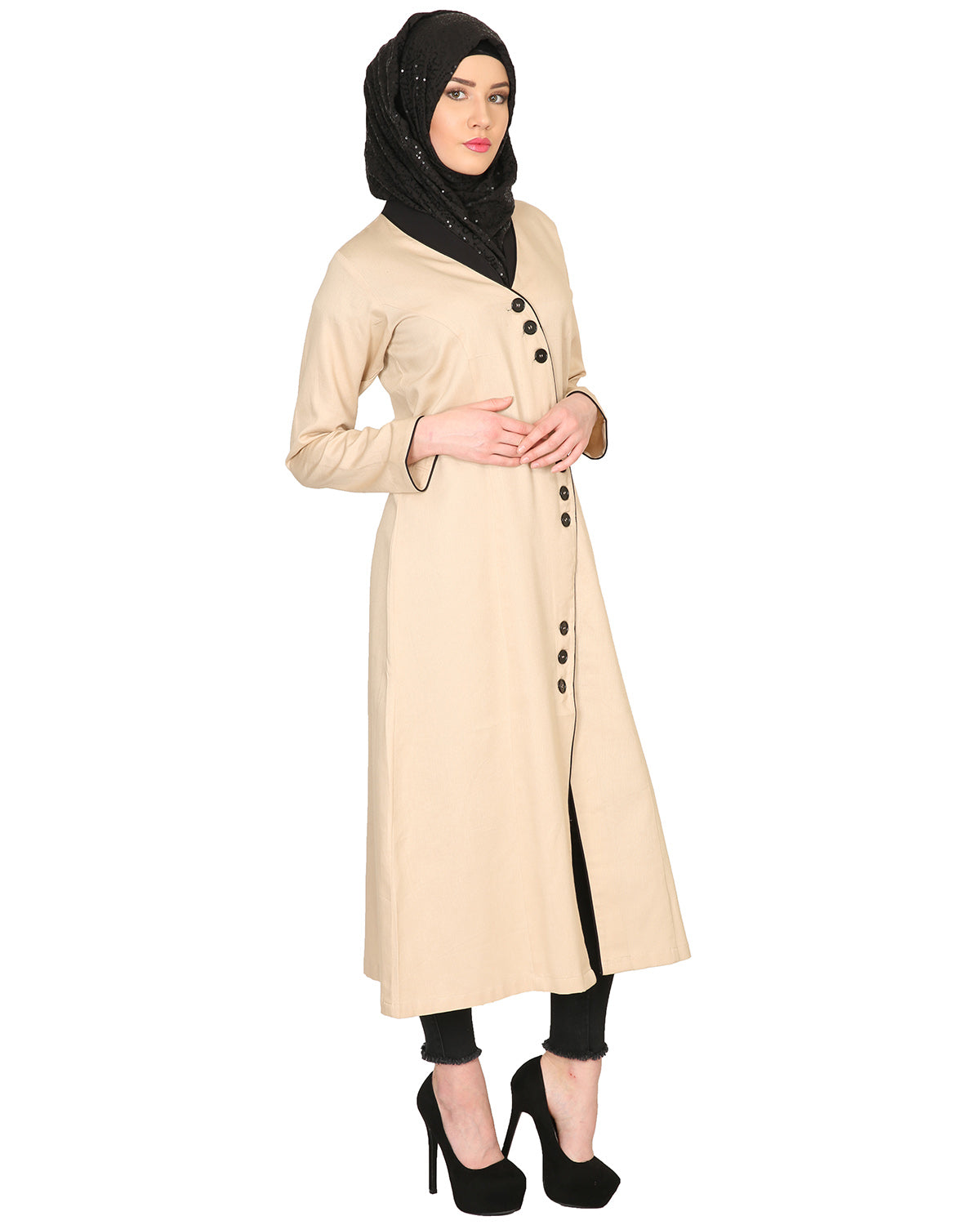 Mid-Calf Coat Style Abaya with Black Detailing Beige