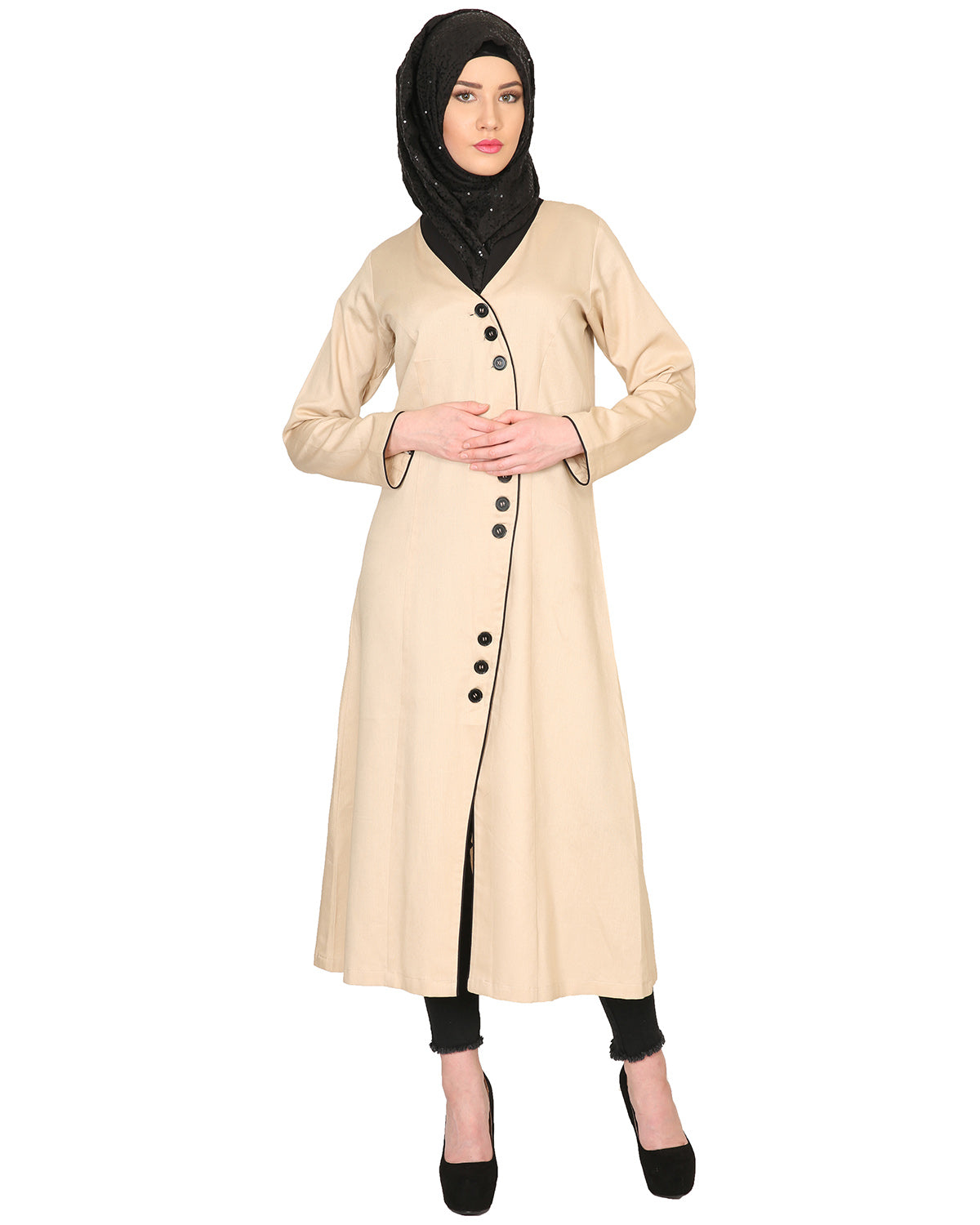 Mid-Calf Coat Style Abaya with Black Detailing Beige