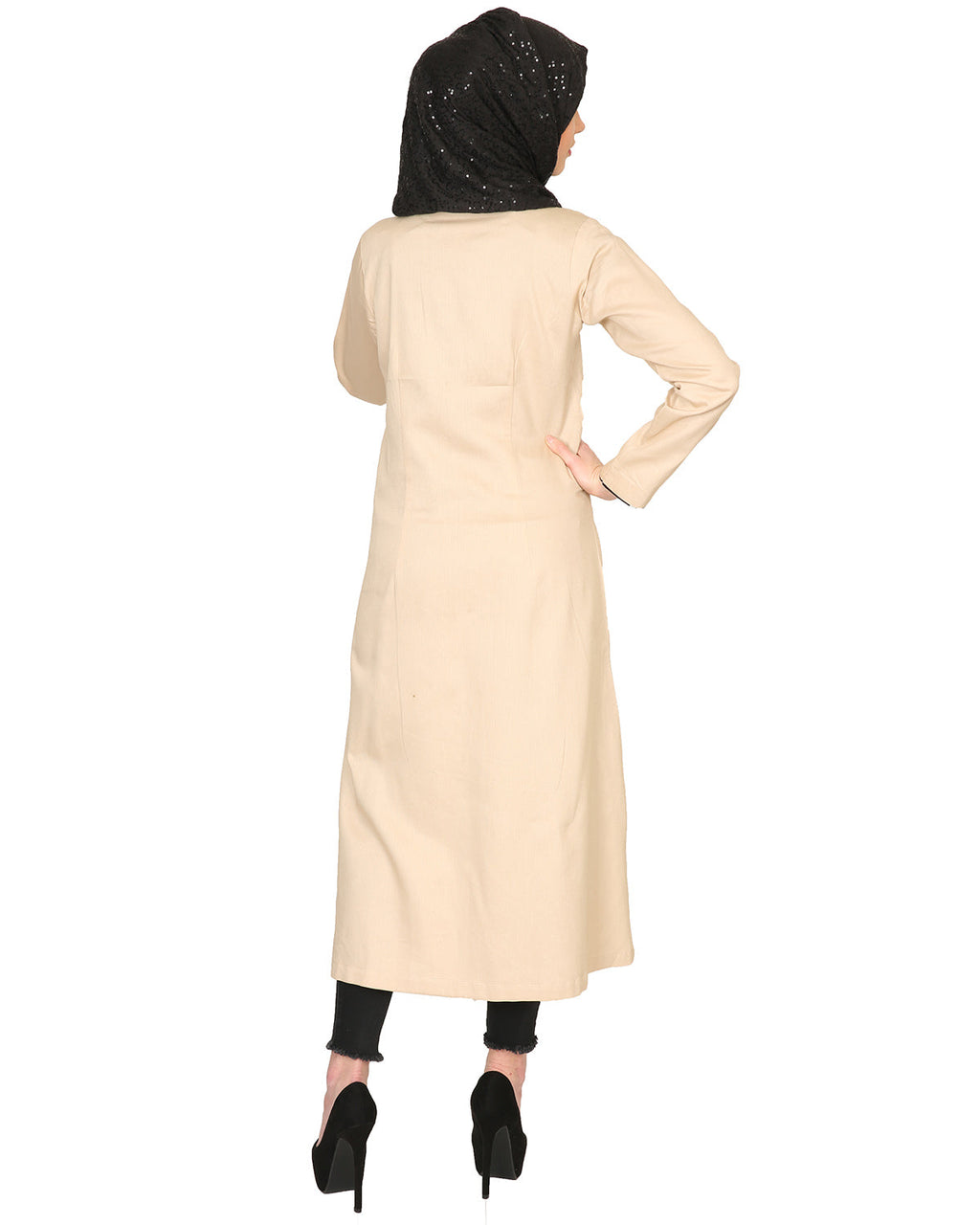 Mid-Calf Coat Style Abaya with Black Detailing Beige