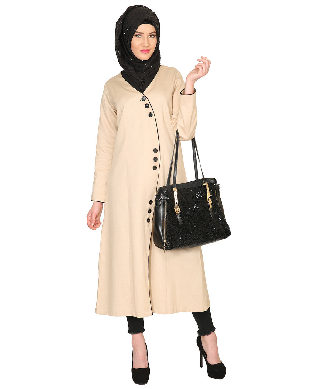 Mid-Calf Coat Style Abaya with Black Detailing Beige