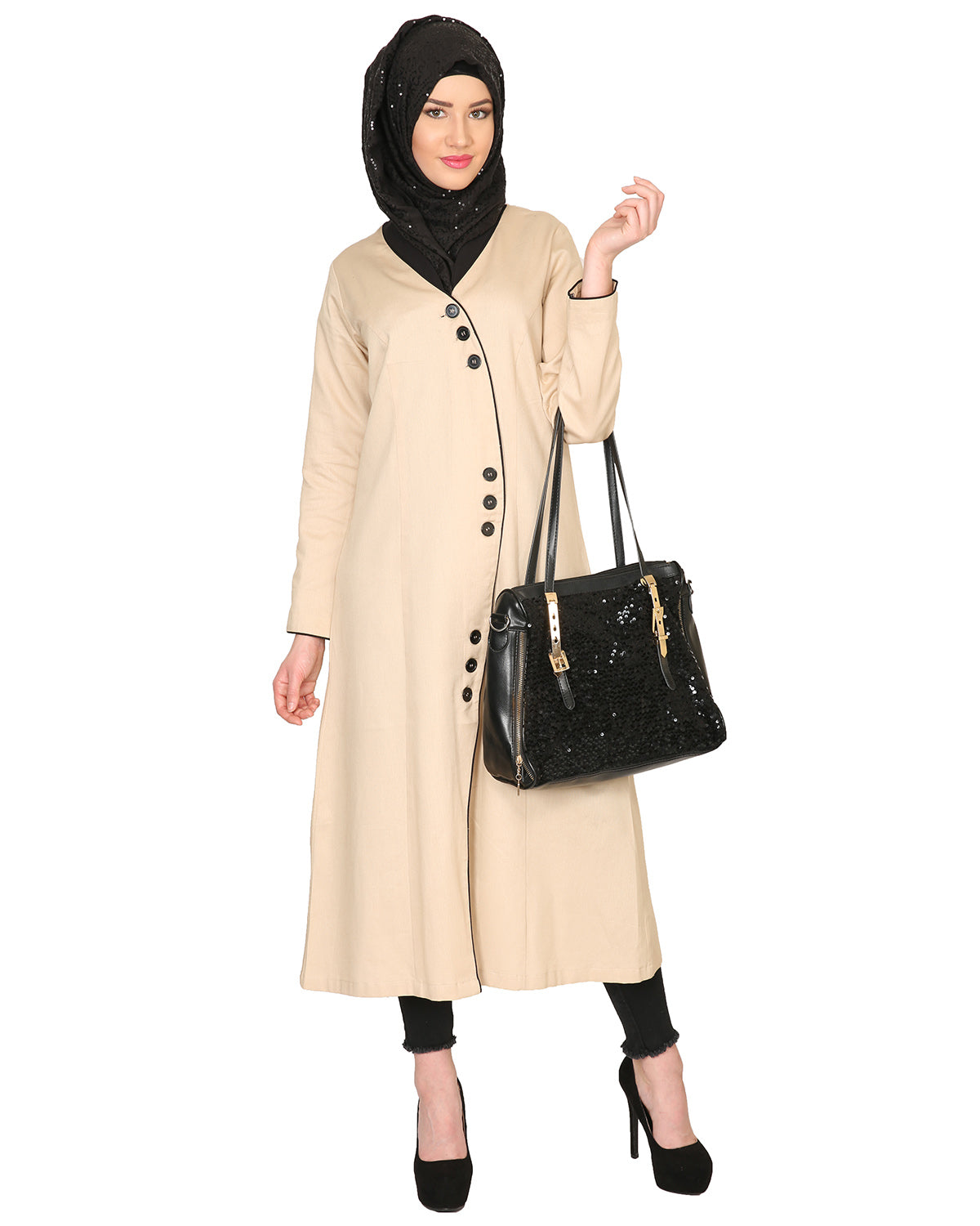 Mid-Calf Coat Style Abaya with Black Detailing Beige