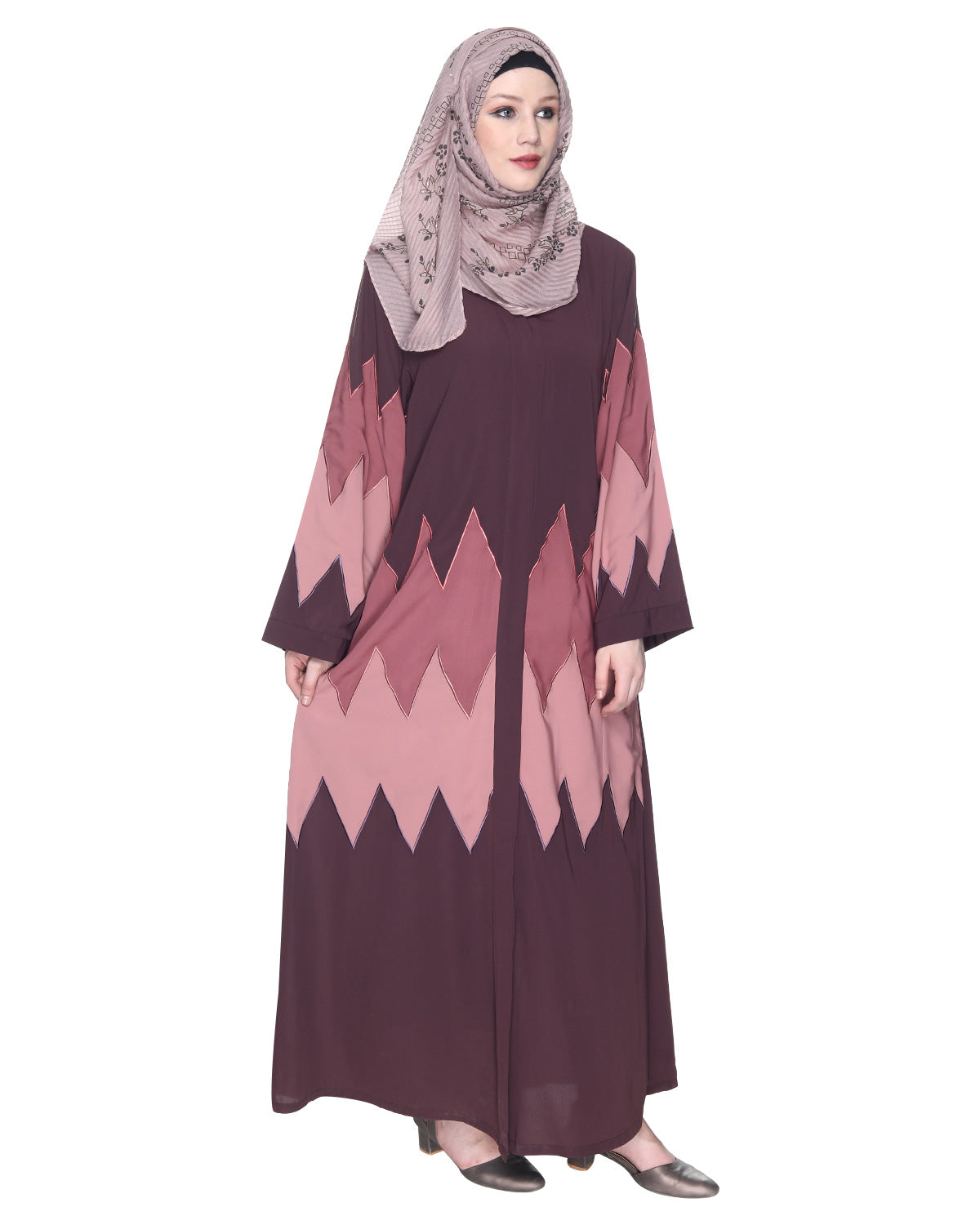 Zig Zag Style Imperial Purple Abaya With Shaded Embroidered Panels Purple