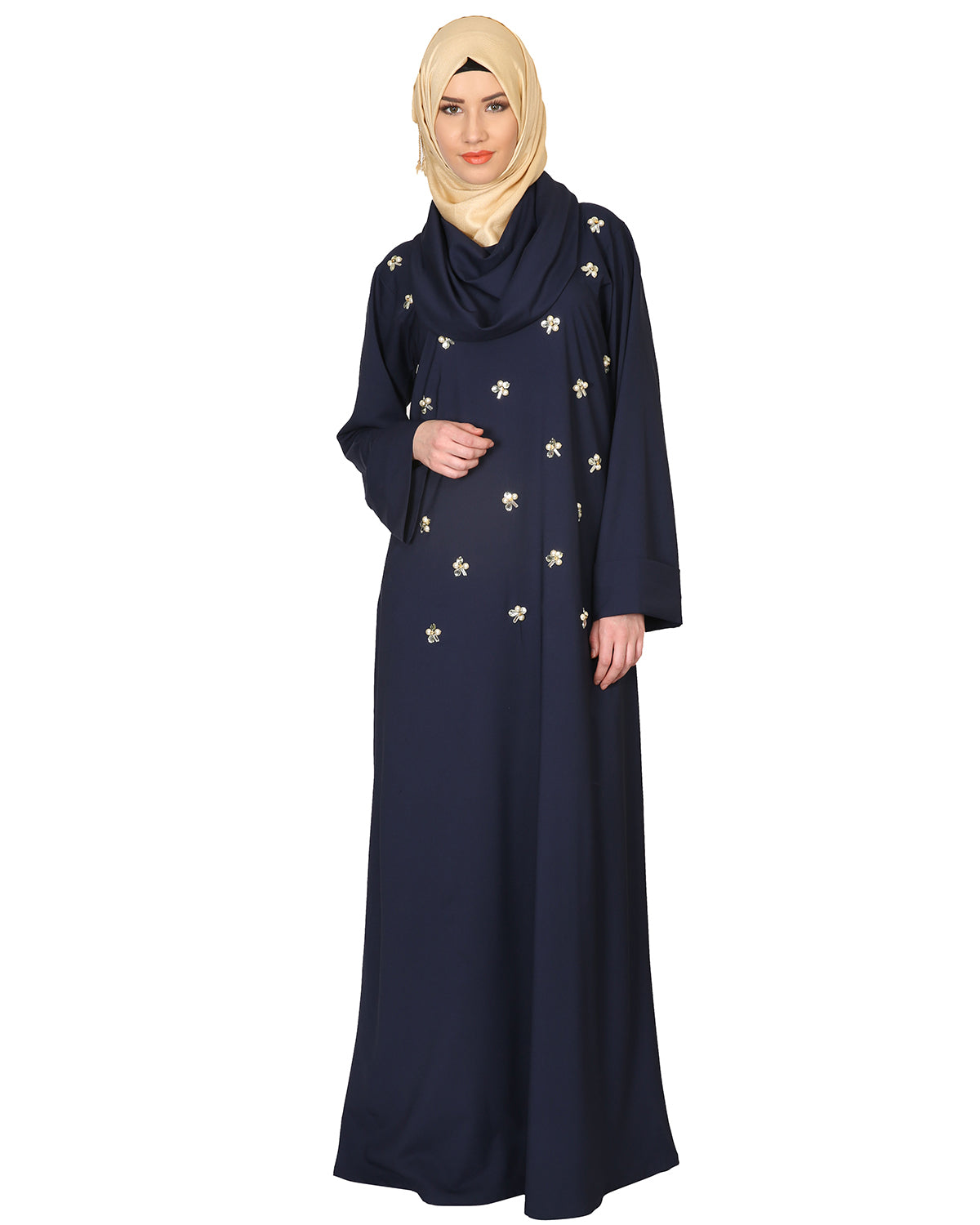 Cowl Neck And Elegant Crystal Hand Embroidered Abaya Navy Blue