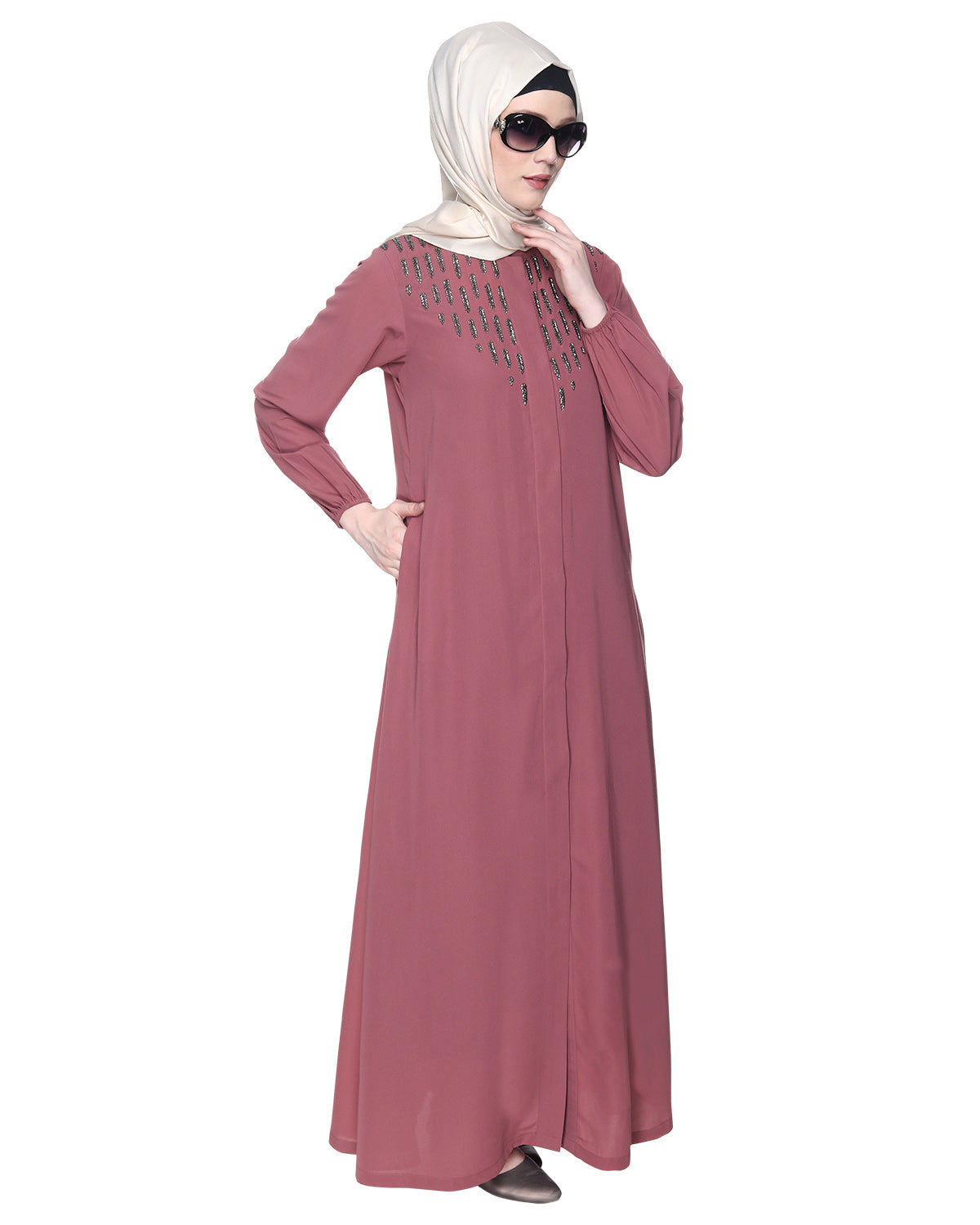 Abaya With Flashy Metallic Beads Embroidery Onion Pink