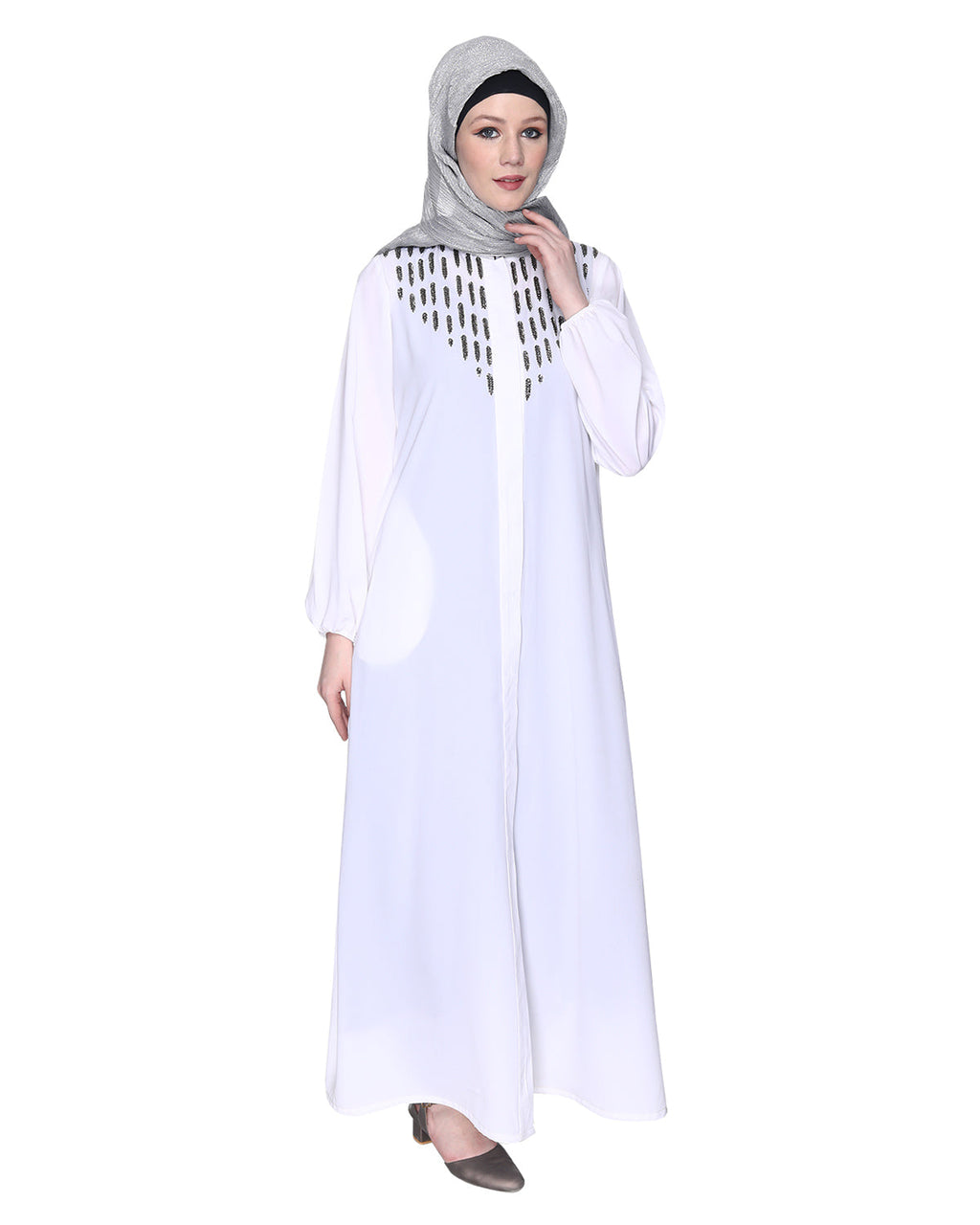 Abaya With Flashy Metallic Beads Embroidery White