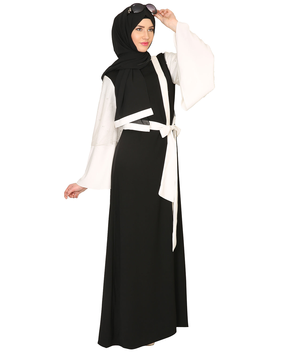 Double Layered Pearl Embellished Sleeves Abaya Black