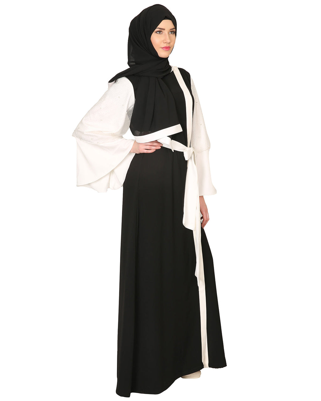 Double Layered Pearl Embellished Sleeves Abaya Black
